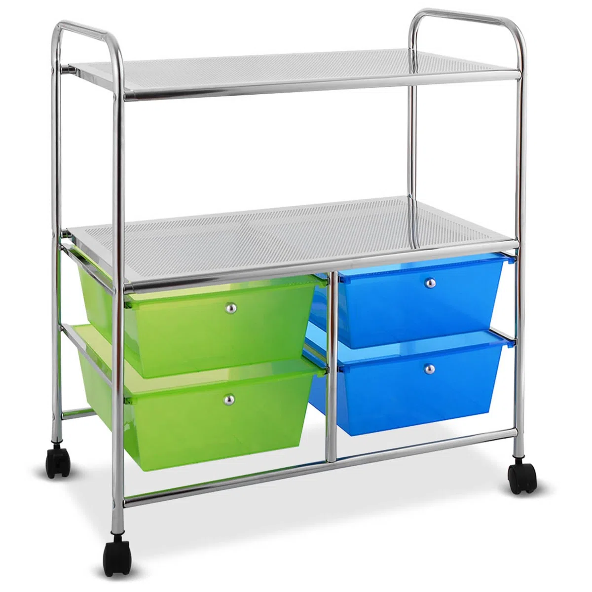 COSTWAY Carrello con 4 Cassetti e 2 Ripiani, Carrello Portaoggetti con Ruote per Cucina Bagno Ufficio, Multiuso, 58,5x37x75 cm (Blu+Verde)