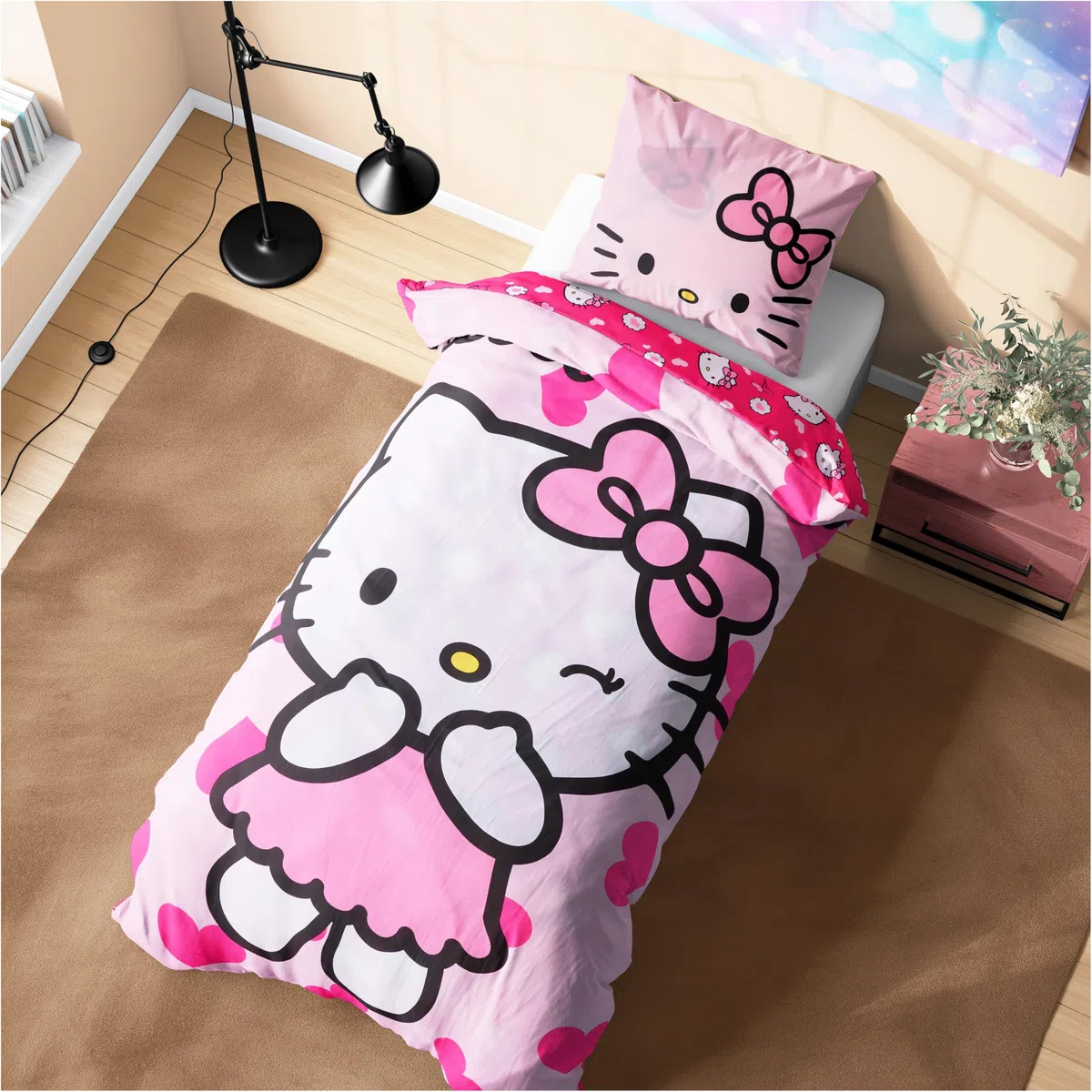 Hello Kitty Sanrio Copripiumino Singolo Reversibile Bambina Ragazza 135x200, Accessori Camera da Letto Kuromi Cinnamoroll, Regalo per Lei (Rosa Hello Kitty, Singolo)