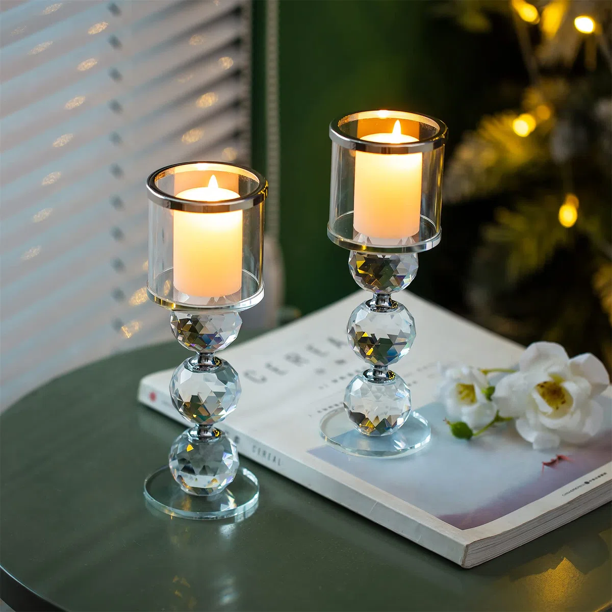 Sziqiqi Portacandele a Colonna in Cristallo, Set di 2 Candelieri in Vetro Trasparente, Candelabri Centro Tavola Moderno per Soggiorno Matrimonio Porta Candele per Decorazione Natalizia, Argento