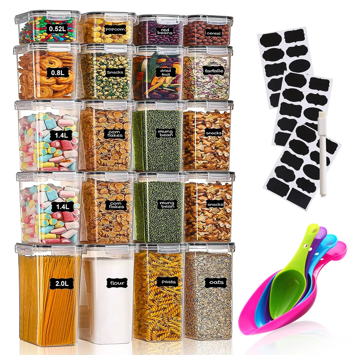 Contenitori Alimentari per Cereali Set 20 Pezzi,Cucina Contenitori Ermetici per Alimenti Plastica con Coperchio,Utilizzato per la Conservazione di Cereali,Muesli,Farina,Pasta,Muesli-Senza BPA