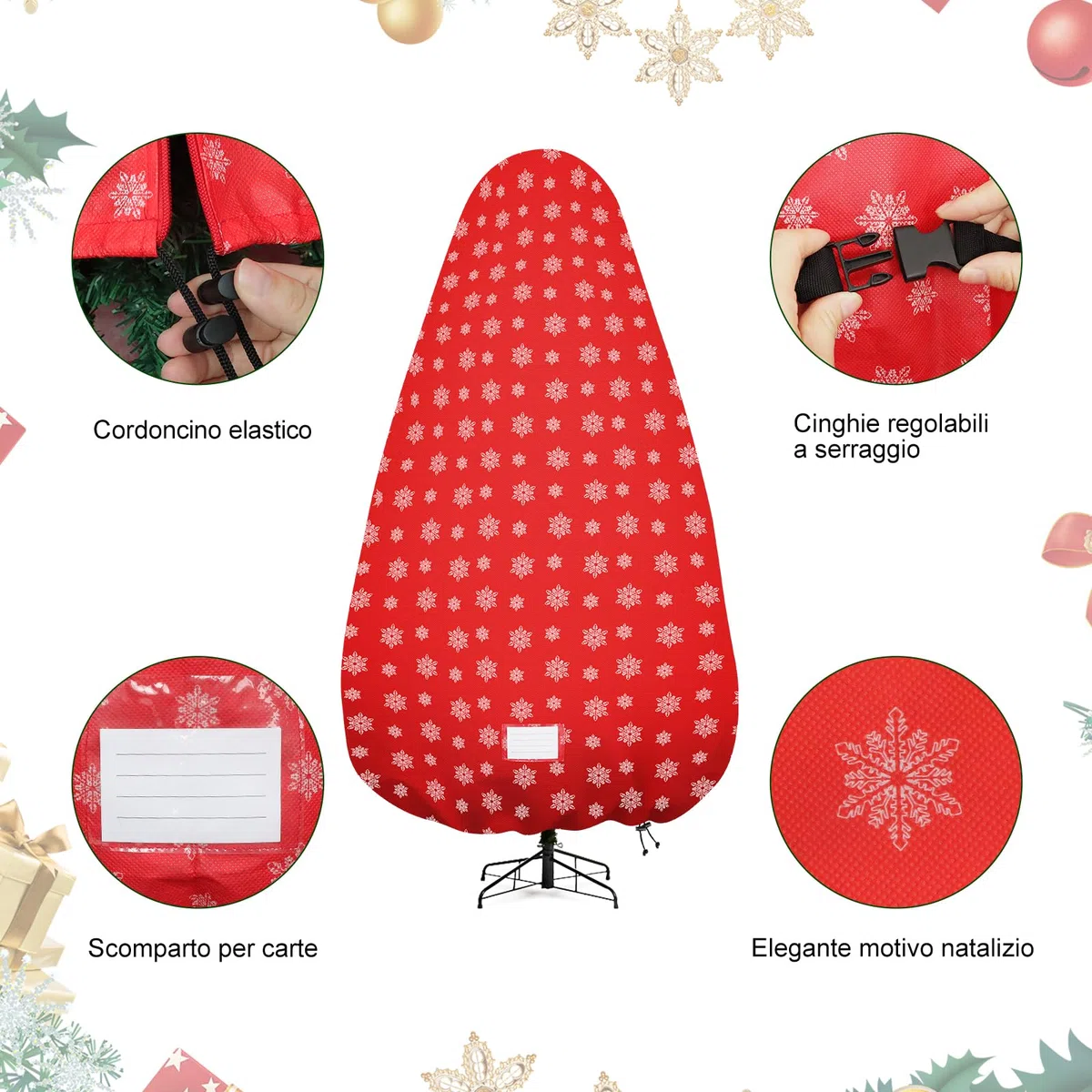 Borsa verticale per albero di Natale, copertura per albero di Natale con cinghie regolabili, resistente agli strappi, per alberi assemblati da 7,5 m, stampa neve rossa
