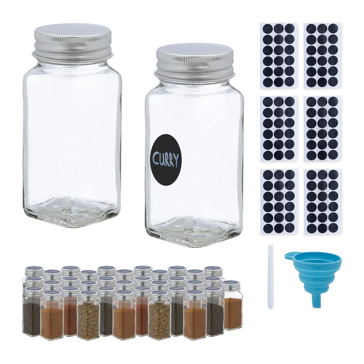 Relaxdays Set da 36 Barattoli Portaspezie, Contenitori in Vetro, Vol. 120 ml, Spezie ed Erbe, con Etichette, Trasparente