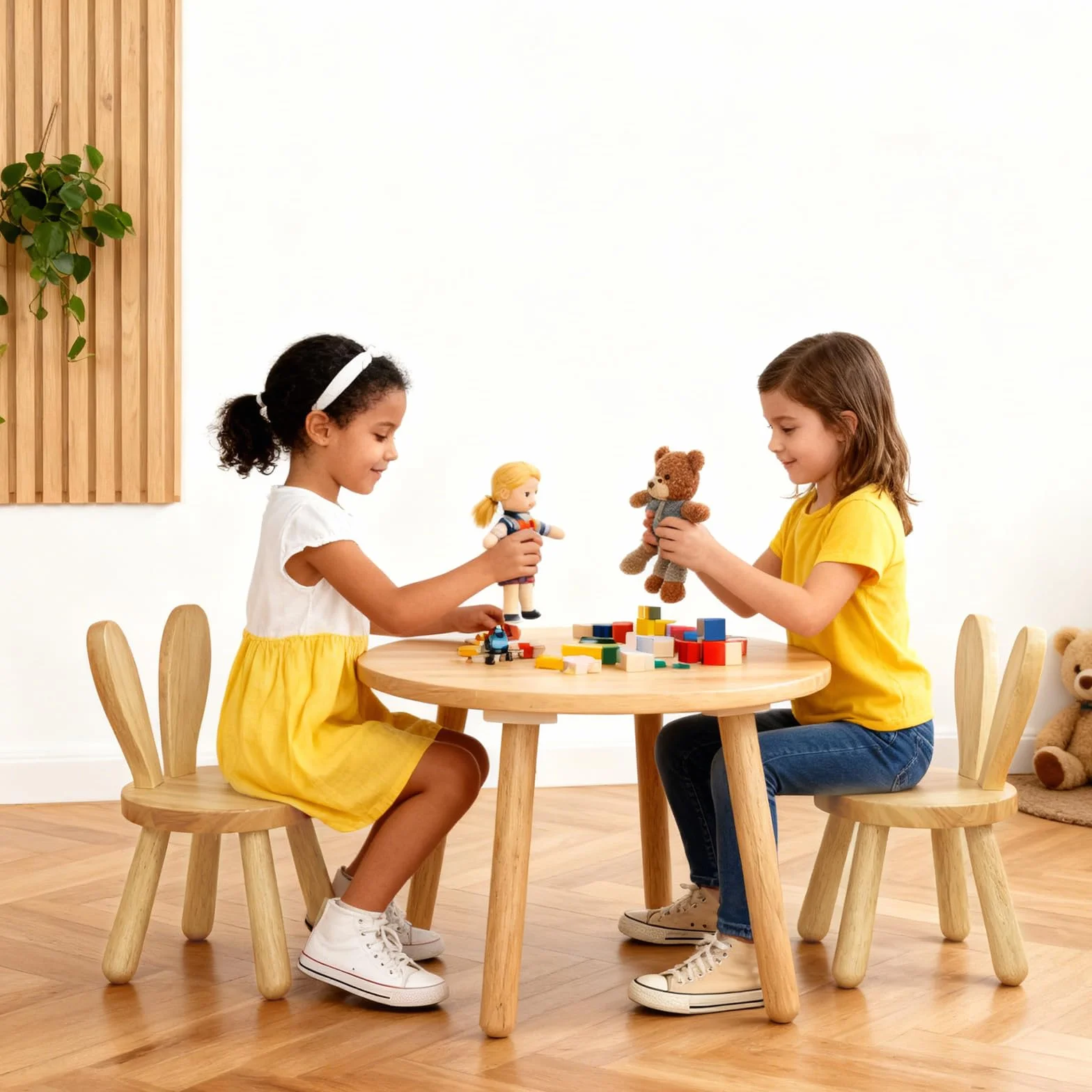 Sgabello Bambini in legno dai 3 anni in su, in legno massiccio, sedia bambini per cameretta dei bambini, 45 x 26 cm, con orecchie di coniglio, schienale per bambini, in legno, per mangiare, leggere