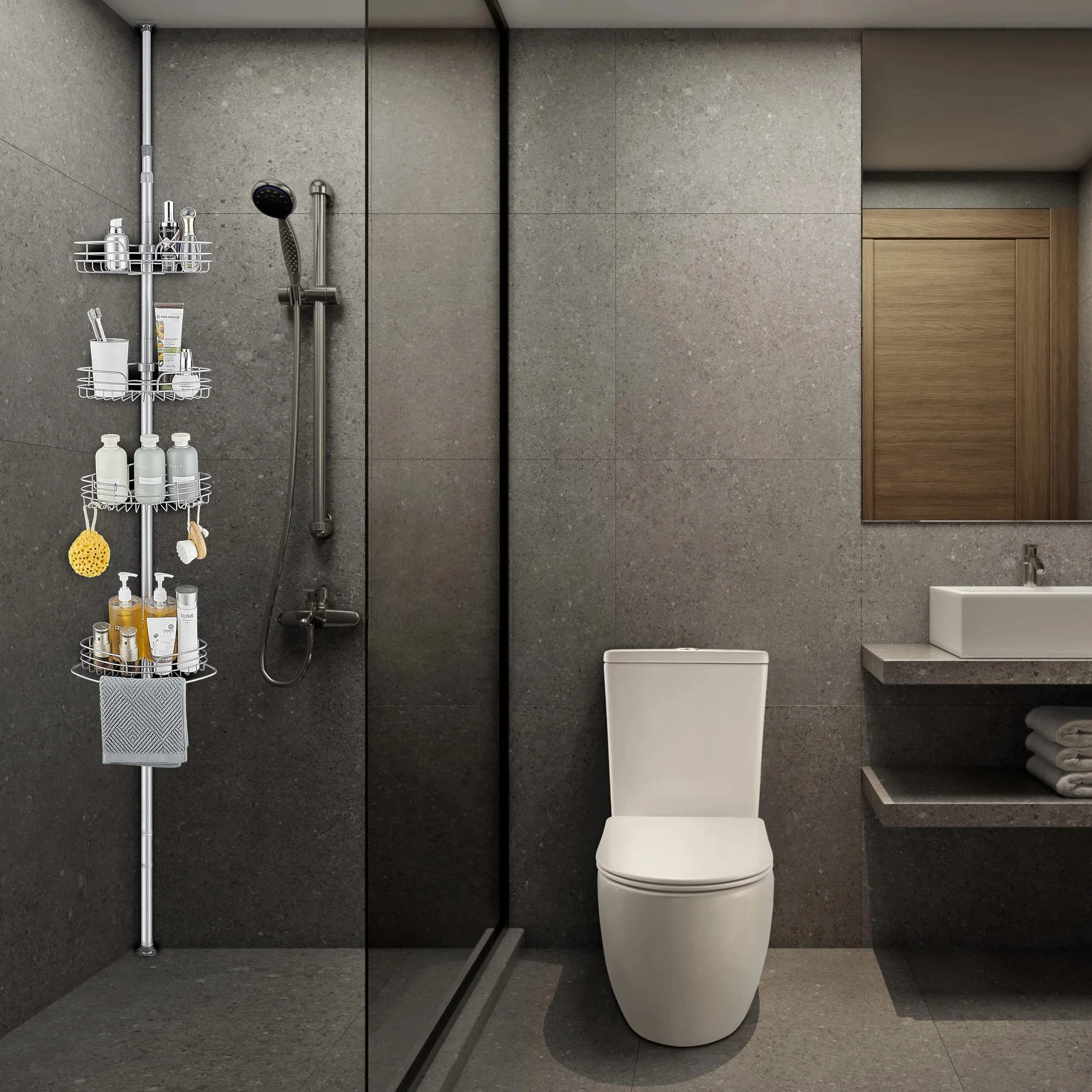 DUFU Telescopico Mensola Doccia Angolare Portaoggetti Doccia Metallo Senza Foratura con 4 Ripiani per Vasca o Bagno Stoccaggio 73-265CM Regolabile in Altezza Grigio