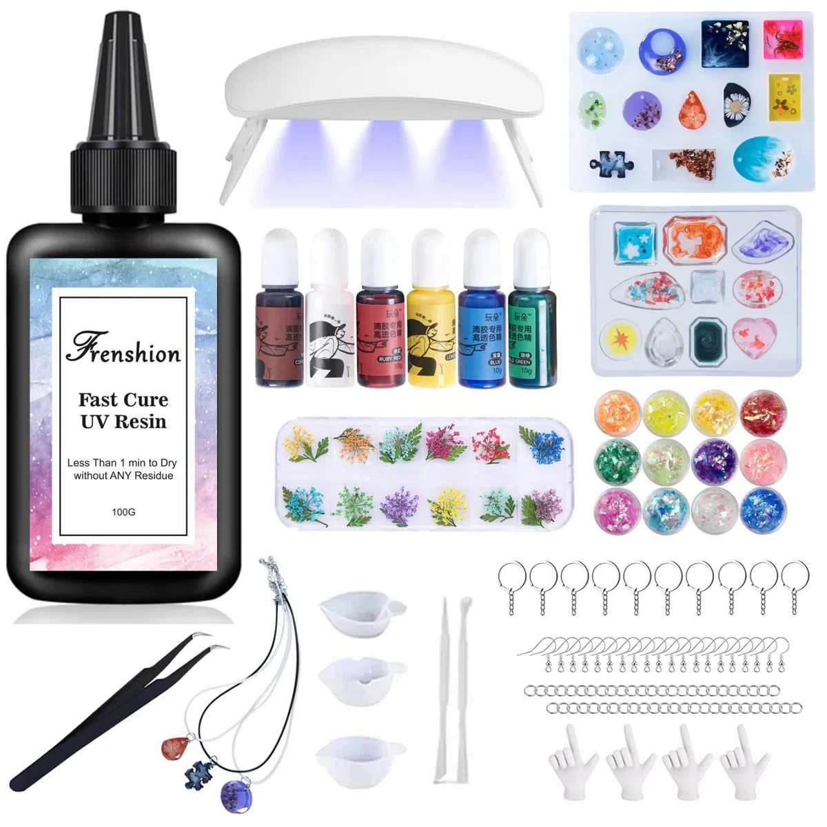 100g UV resina con 116Pcs gioielli che fanno accessori Kit, pigmento di colore, UV resina Starter Kit per gioielli che fanno con luce