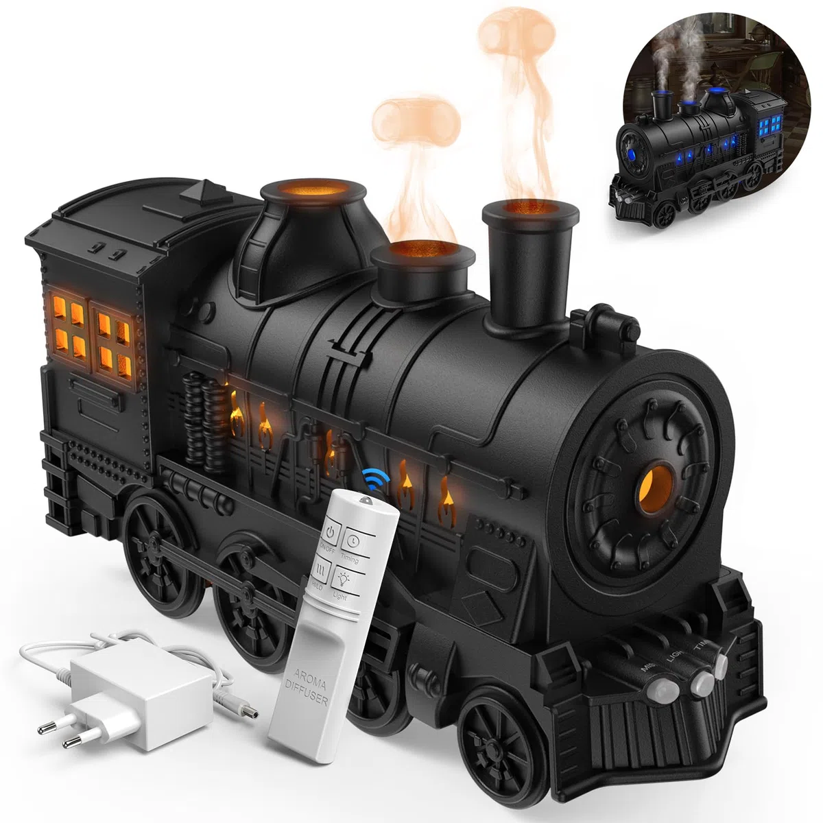 Jeebel Diffusore di Oli Essenziali 300 ml Fiamma Diffusore a Forma di Treno, Effetto Fiamma, Telecomando, Spina UE - Mini Umidificatore a Nebbia Fredda per Camera Letto e Ufficio Aromaterapia