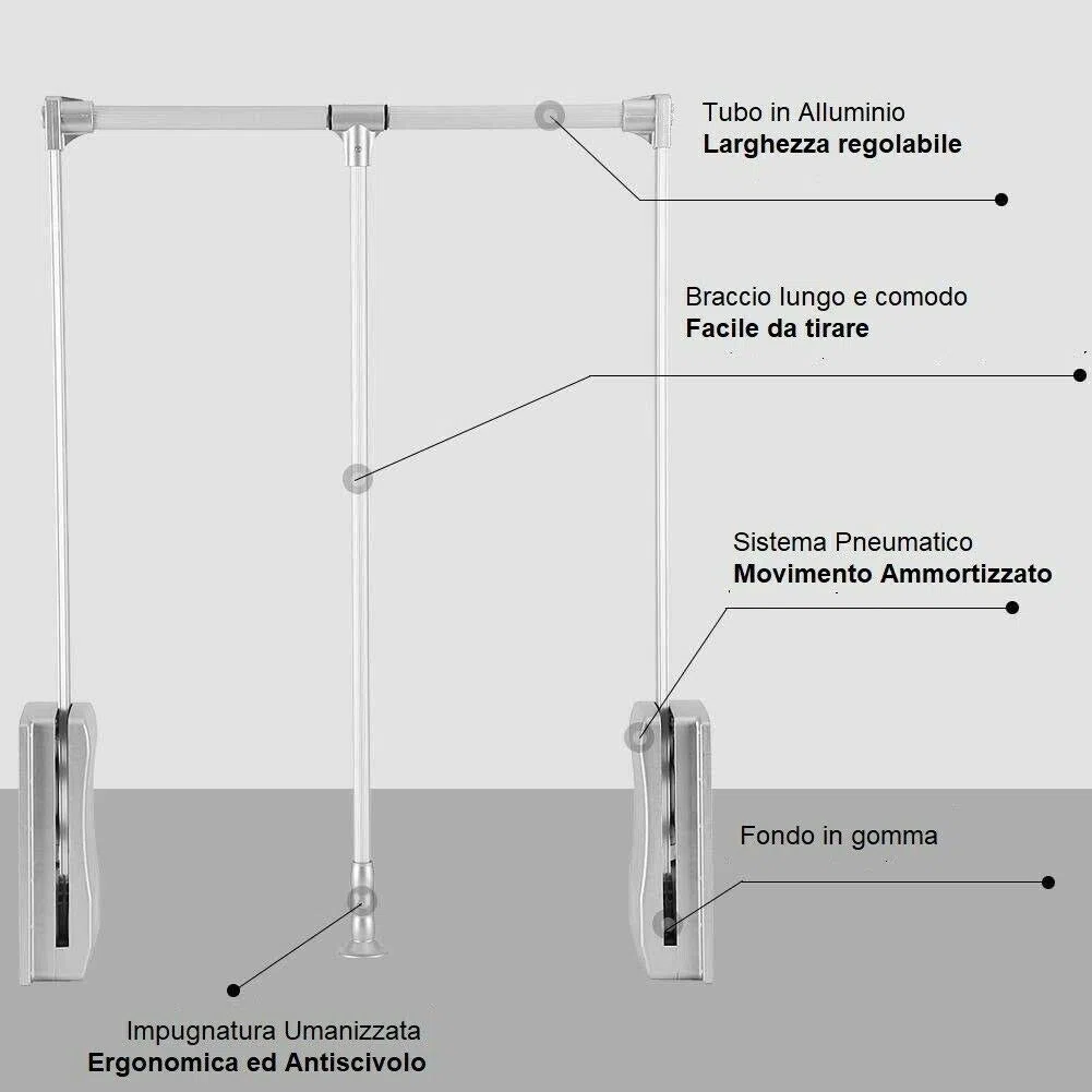 Saliscendi per Armadio Meccanismo Appendiabiti Ammortizzato Soft in Alluminio (830-1200 mm)
