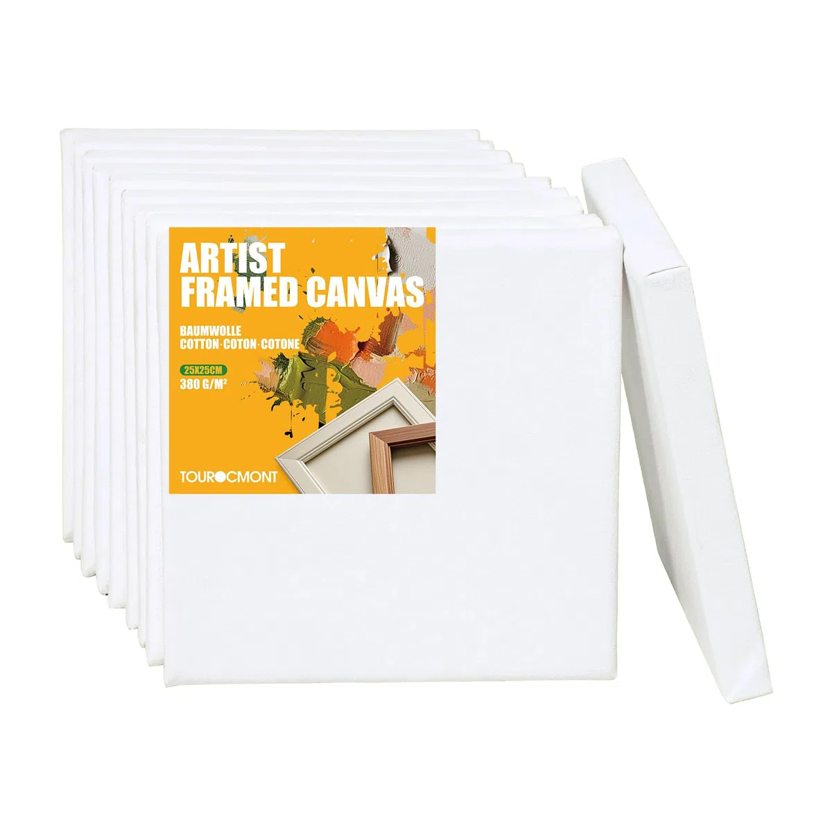 Confezione da 10 tele, 25 x 25 cm, telaio in cotone, 380 g/m², tele da dipingere, 100% senza acidi, colore bianco, innescato per pittura acrilica, pittura ad olio, guazzo