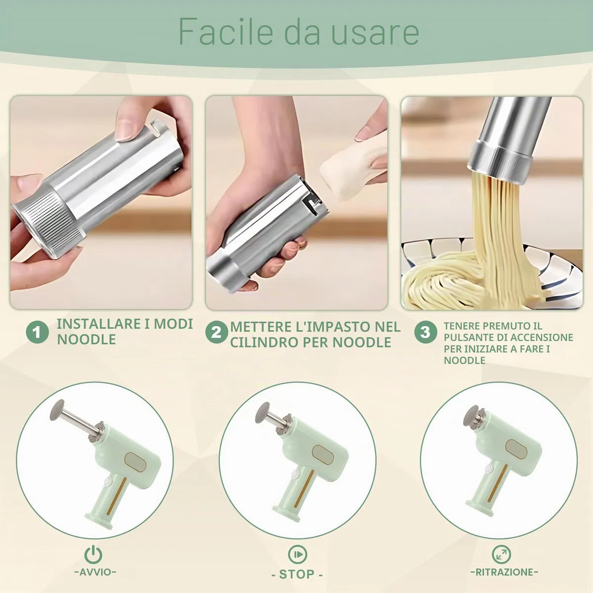 Macchina per pasta elettrica, pressa per pasta portatile con batteria da 2600 mAh, 5 stampi per pasta, 3 teste di salsiccia, spatola e misurino, macchina per pasta automatica