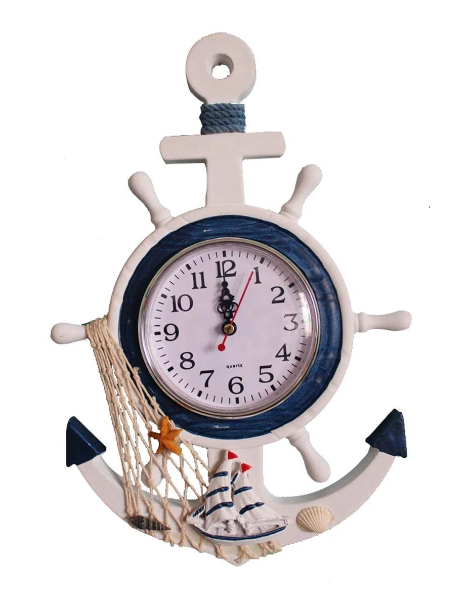 Orologio da parete per bambini, in legno, decorazione marittima, con timone, ancora, rete di pesce, stile shabby chic, decorazione da parete per soggiorno, camera da letto, cameretta dei bambini