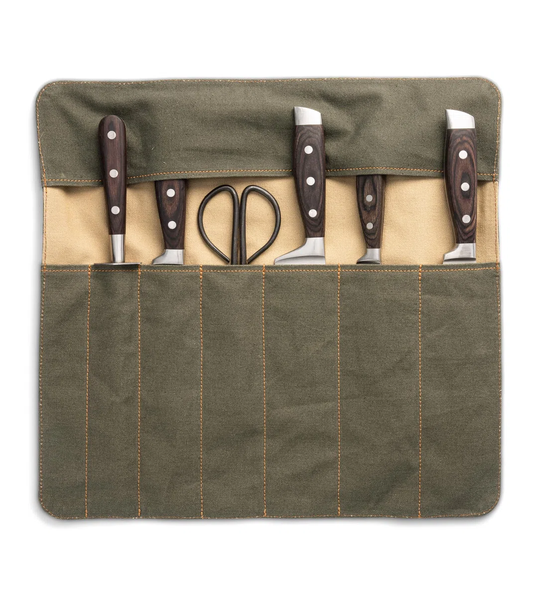 Angus Stoke Portacoltelli per coltelli da cucina, rotolo di coltelli da cucina di alta qualità, tasca per coltelli con scomparto extra e chiusura lampo, borsa da cucina Lars, Verde oliva, 40 x 38 cm