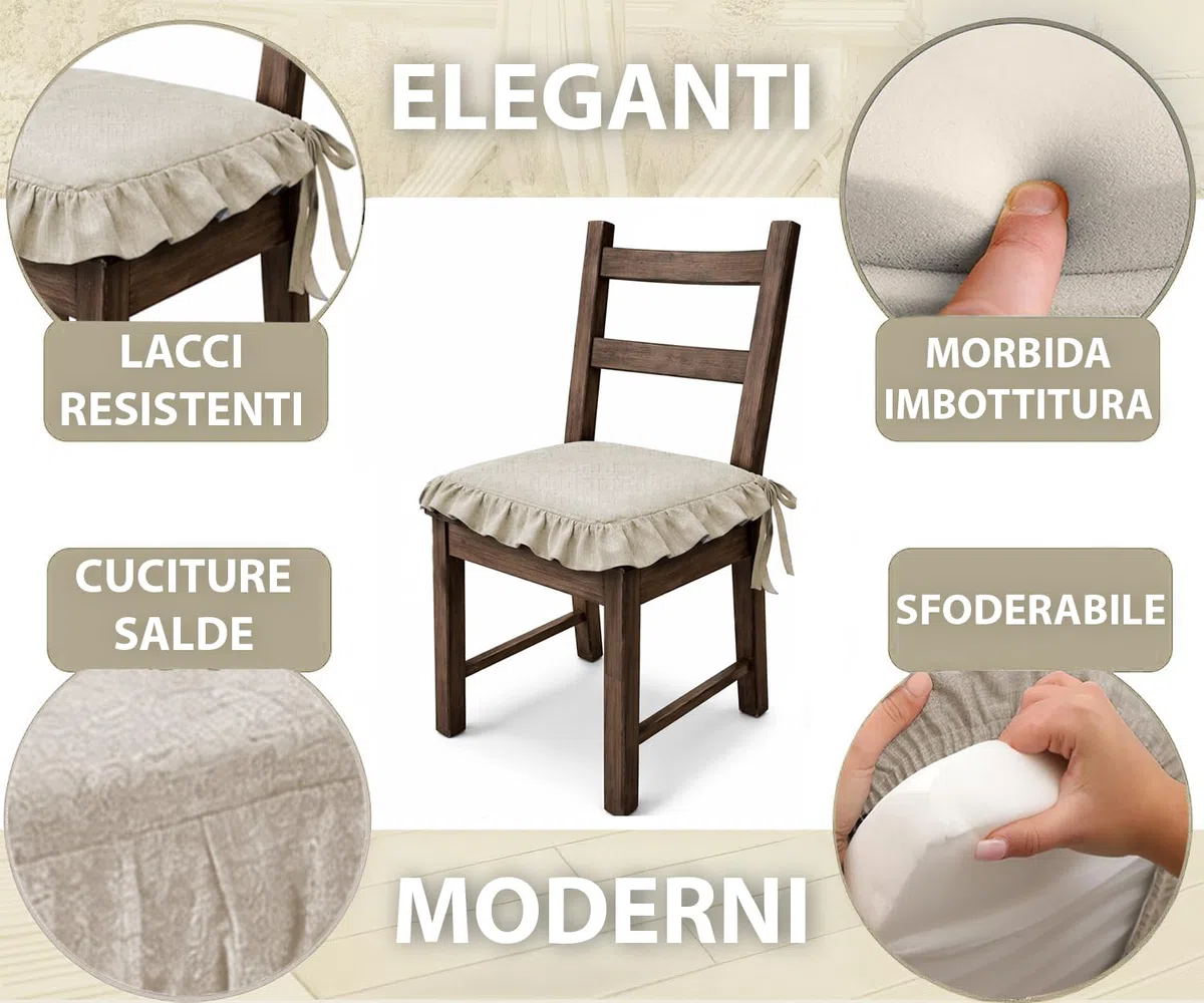 HAND Set 4 Cuscini per Sedie con Lacci Antiscivolo, Sfoderabili, Imbottitura Inclusa, Dimensioni con bordi 45x45 cm, Adatto per Cucina, Interni ed Esterno (Beige)