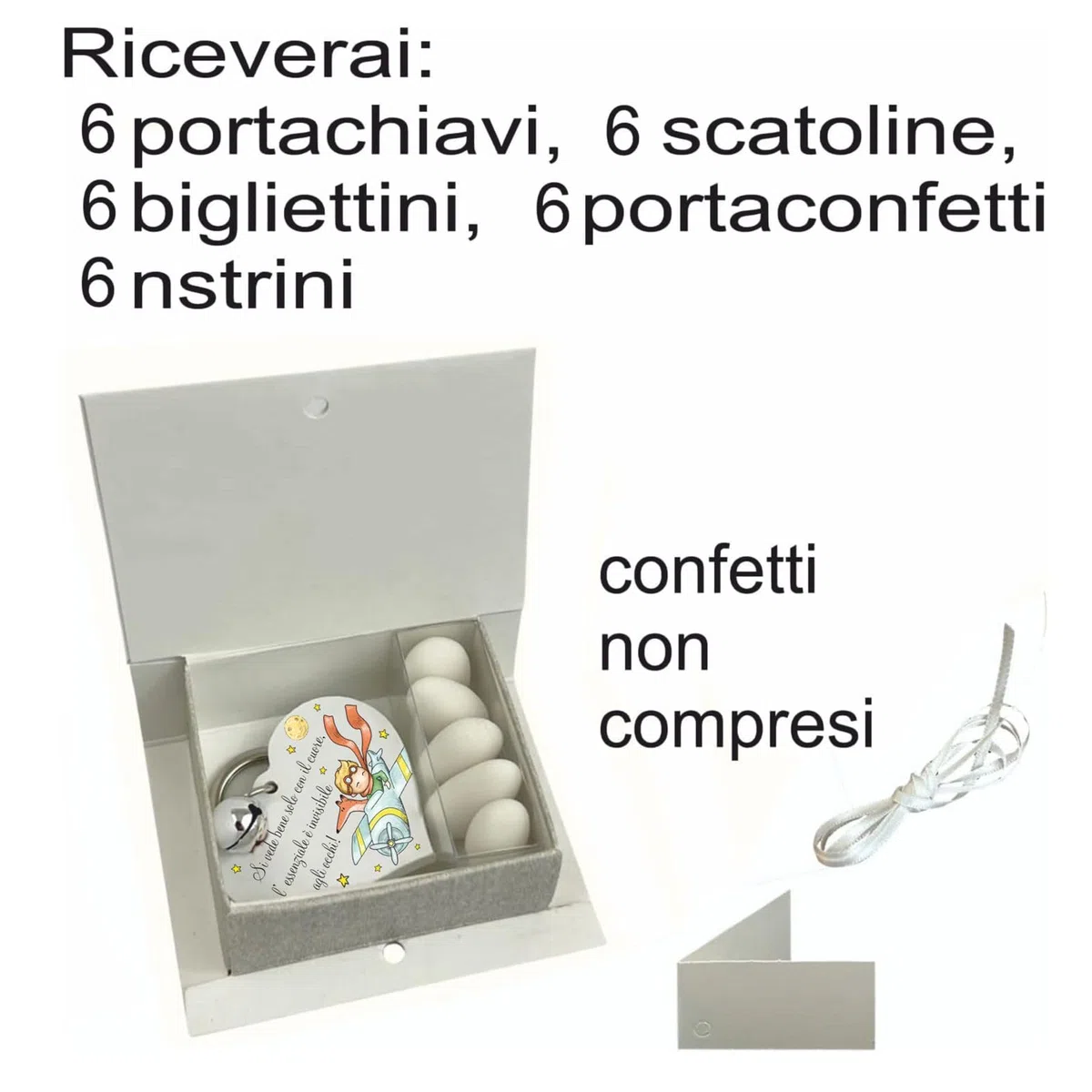 Regalami.shop 6 portachiavi con scatola, nastrino, bigliettino e portaconfetti Bomboniera Piccolo Principe per Battesimo, Comunione, Party, Regalo (6 portachiavi con scatola)