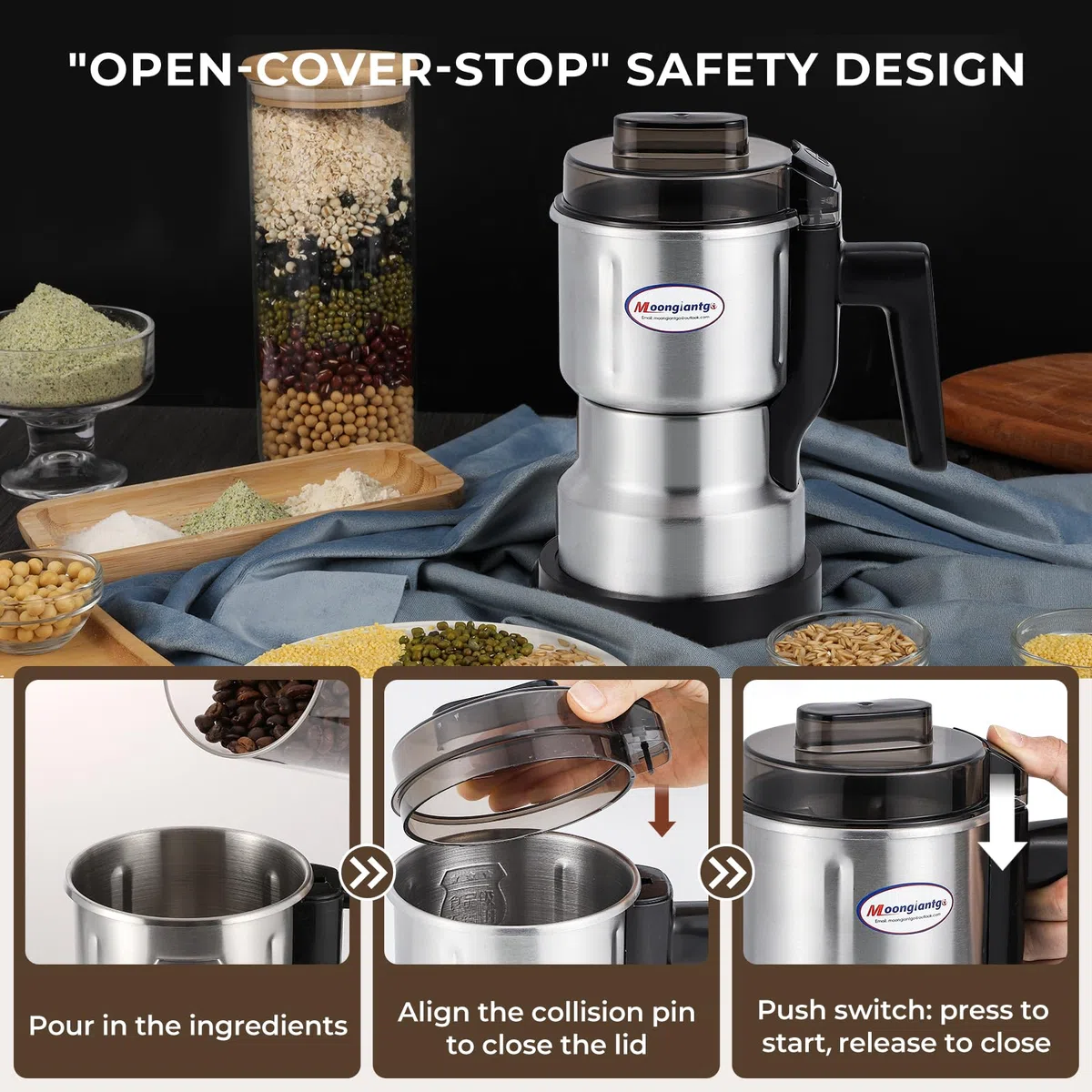 Moongiantgo Mulino Multifunzione per Cereali, Caffè e Spezie (250W 22000RPM, Capacità 200ml, Acciaio Inossidabile, Macinatura Ultra-fine per Cereali, Chicchi, Caffè - con Pennello e Cucchiaio)