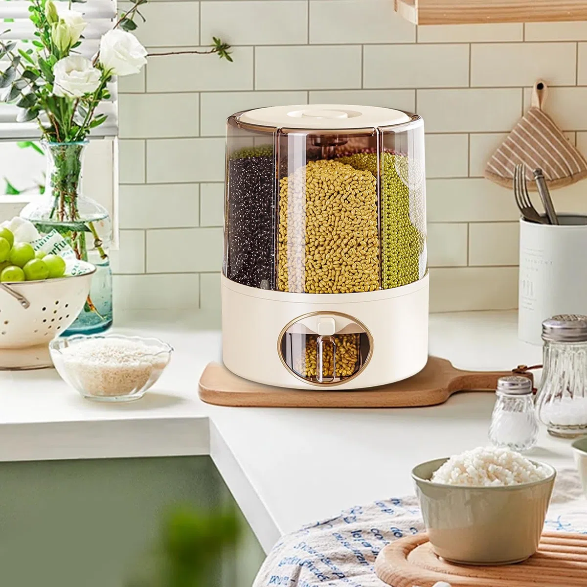 Contenitore per riso, contenitore per alimenti secchi, barile rotante ermetico con scomparti per cereali, fagioli, avena, semi, dolcetti, anti-moscerino, anti-umidità, per dispensa, cucina