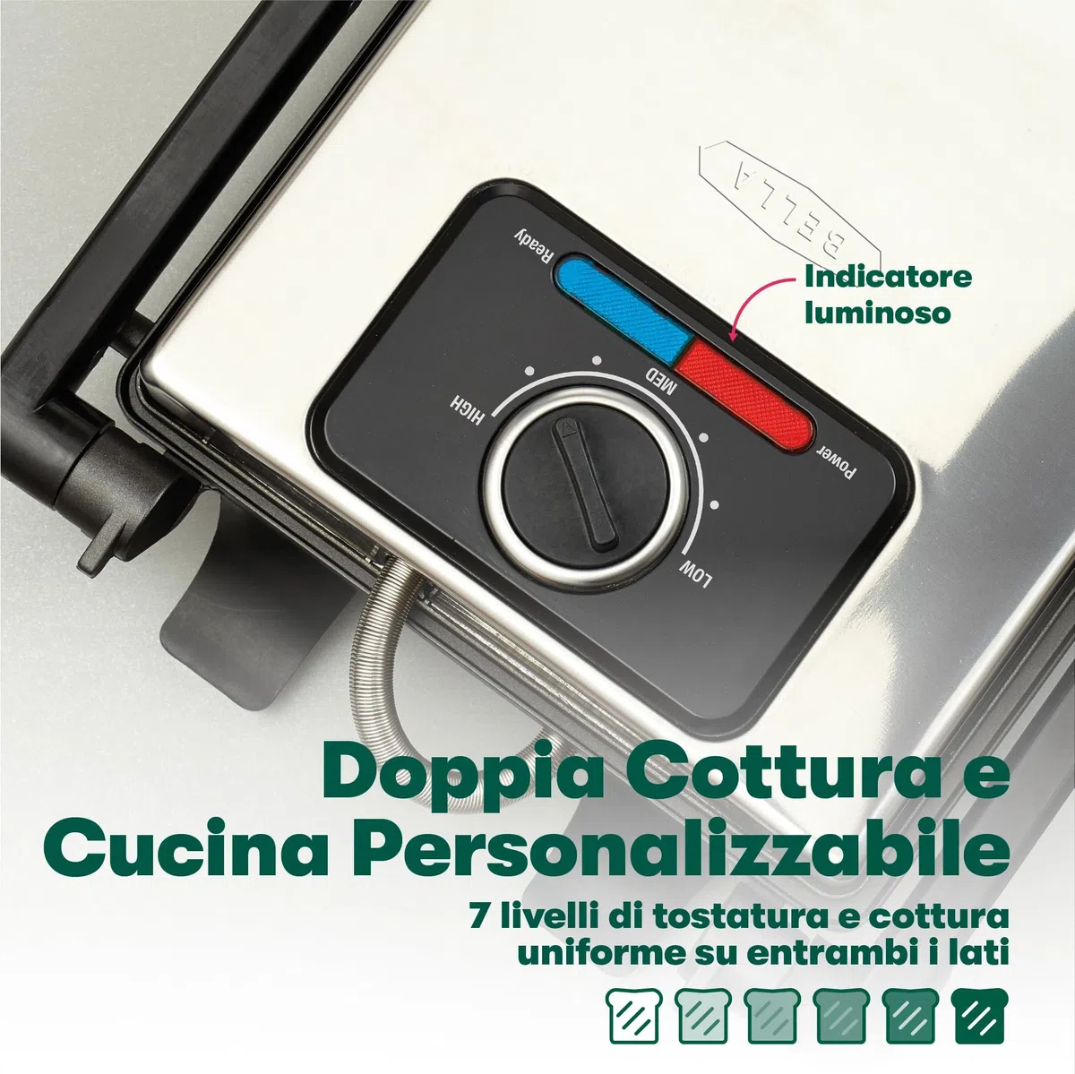 bella Pressa per Panini, Tostapane e Griglia Elettrica da Interno con Piastre Doppie Antiaderenti, Coperchio Regolabile in Altezza e Vassoio di Raccoglimento Rimovibile, Acciaio Inossidabile