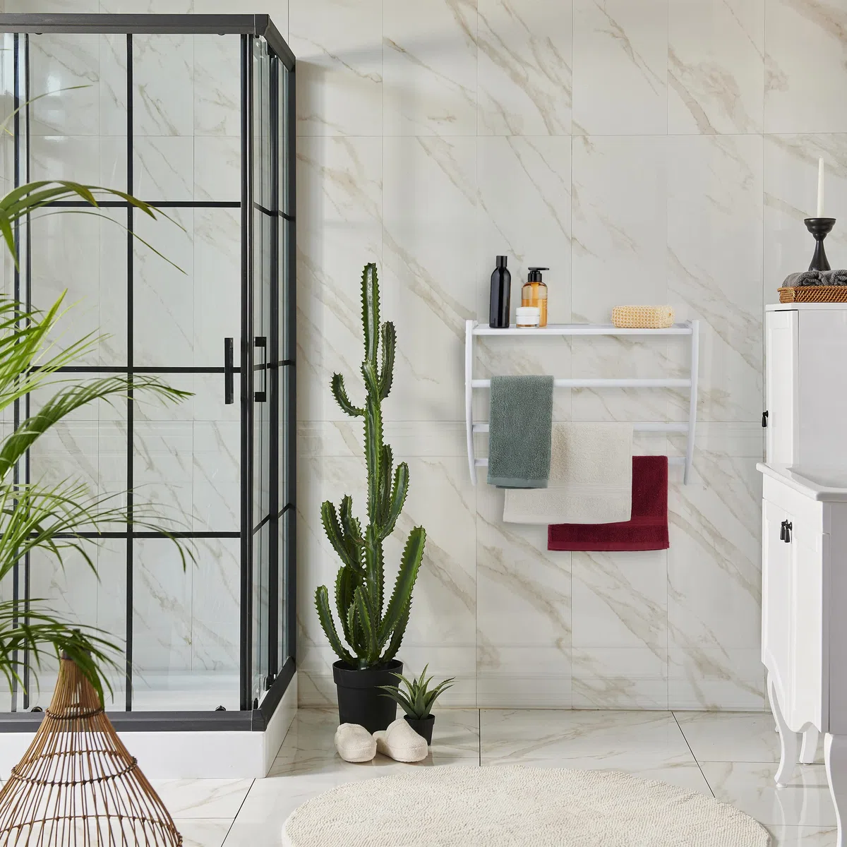 Relaxdays Portasciugamani da Parete, HLP 44x56,5x23 cm, Mensola da Bagno con 3 Aste per Asciugamani e Ripiano, Bianco