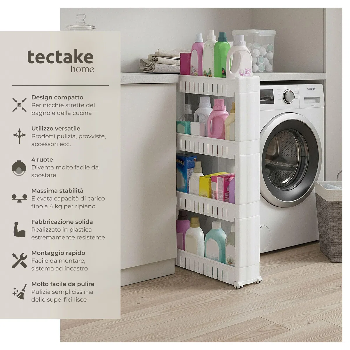 tectake® Carrello da Cucina Slim 54x12x101cm, Mobiletto Salvaspazio Multiuso con 4 Ripiani, Carrello con Ruote, Mobile Cucina Porta Detersivi Salvaspazio, Portaoggetti Bagno, Ripostiglio - Bianco