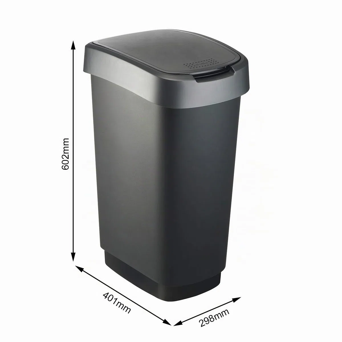 Rotho Twist Portarifiuti con Coperchio, può Essere Usato come Coperchio a Battente o a Cerniera, Plastica (PP) senza BPA, Nero/Argento, 50 L, 40.1 x 29.8 x 60.2 cm