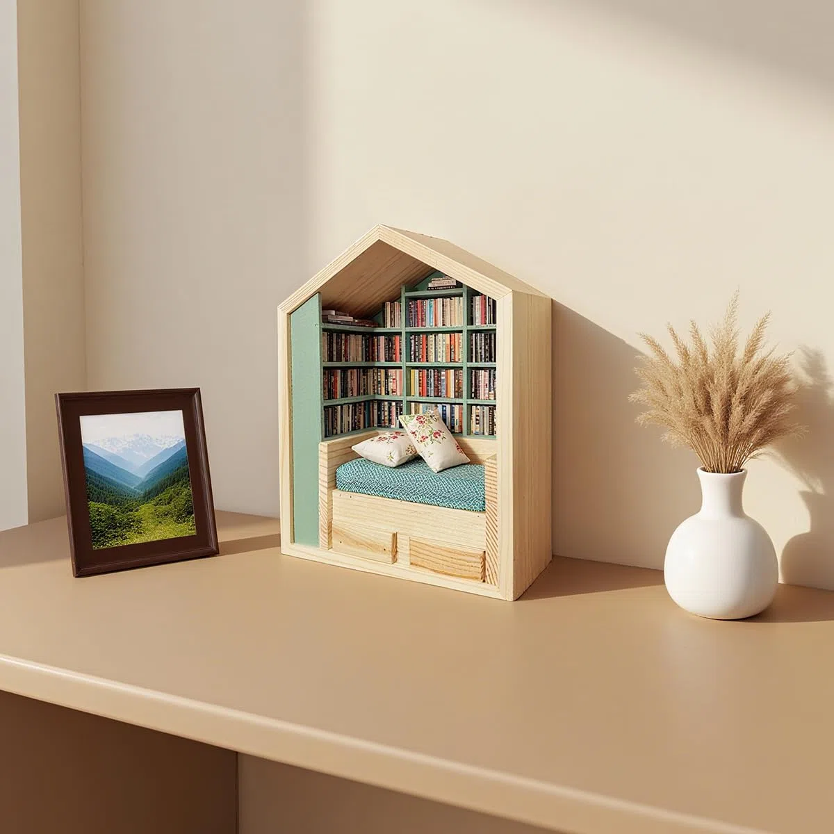 Libreria per l'Ansia, Scaffale per Allontanare l'Ansia, Mini Libreria con 200 Mini Libri, Antistress, Miniatura in Legno di Libreria, Ornamento per Libreria (1, Forma di Casa)