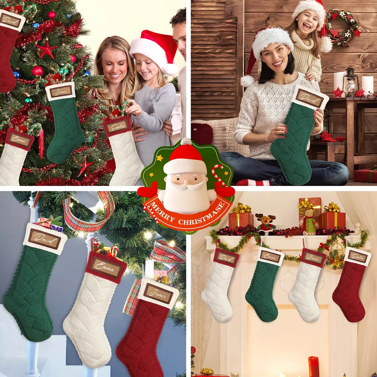 Dremisland 4 Pezzi Calza Befana Personalizzata Calze Natalizie da Appendere con Nome 46cm Calzini Grandi in Maglia Appendibili Calza Befana Natale per Camino Albero Natale Decorazioni Feste di Natale