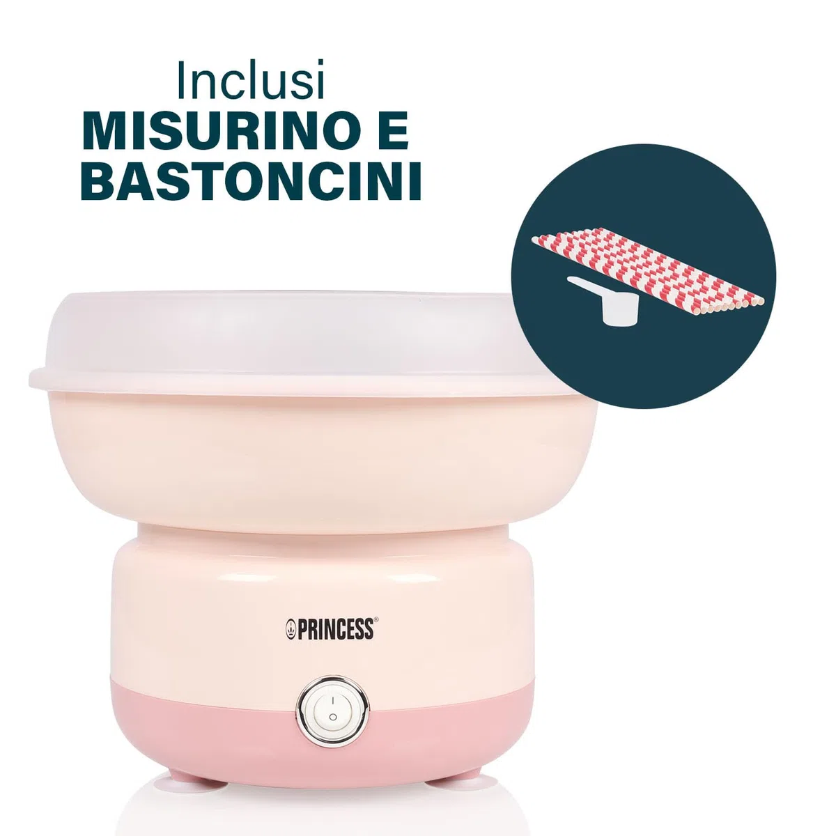 Princess Macchina per Zucchero Filato, 500W, Design Compatto, Parti Lavabili in Lavastoviglie, Con Bastoncini e Misurino, Senza BPA, Piedini Antiscivolo, Facile da Usare, 292990