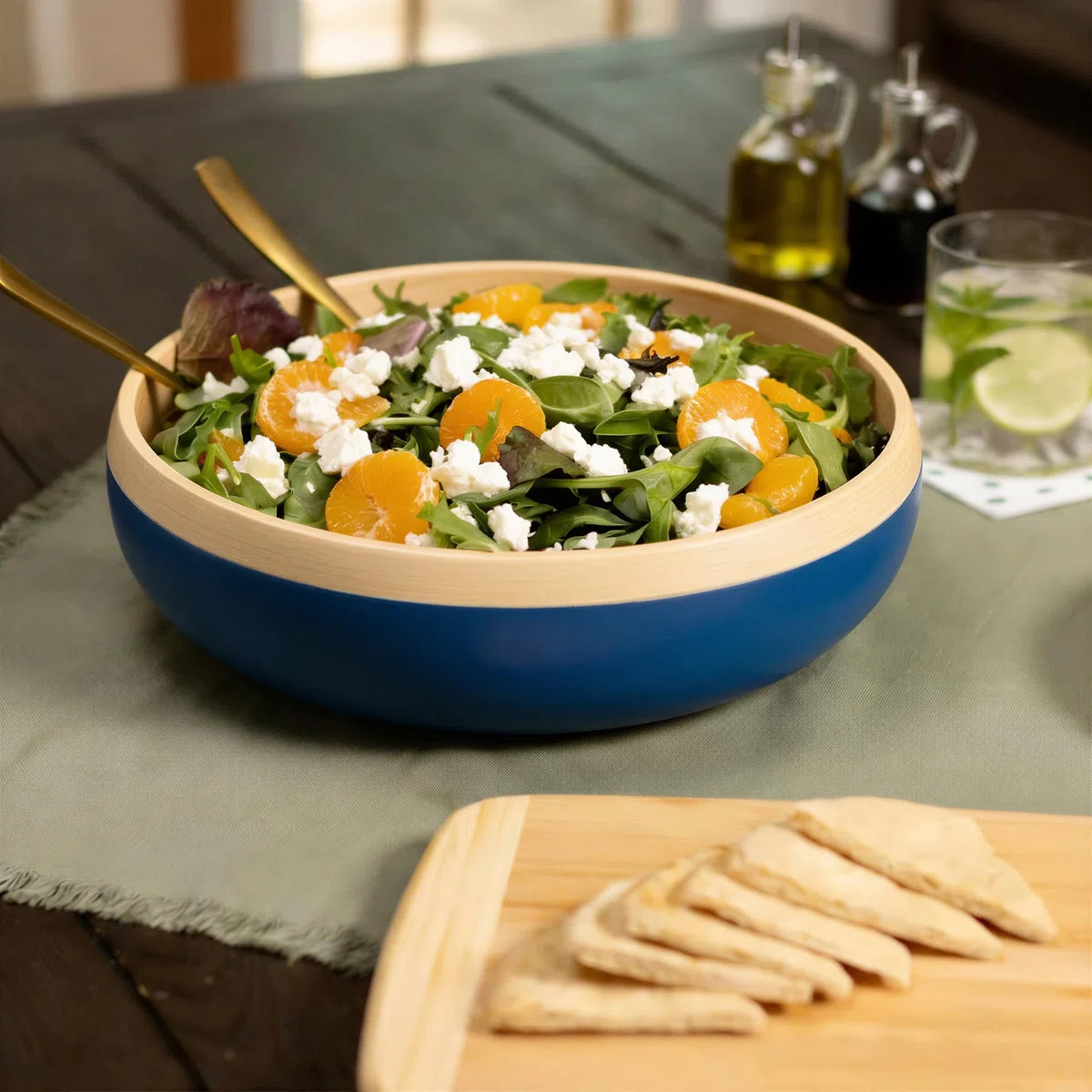 Jungle Culture Grande ciotola per frutta in bambù • Ciotoline per insalata in legno rispettose dell'ambiente • Elegante ciotola per frutta o insalata fatta a mano in blu • Cestino per il pane in legno