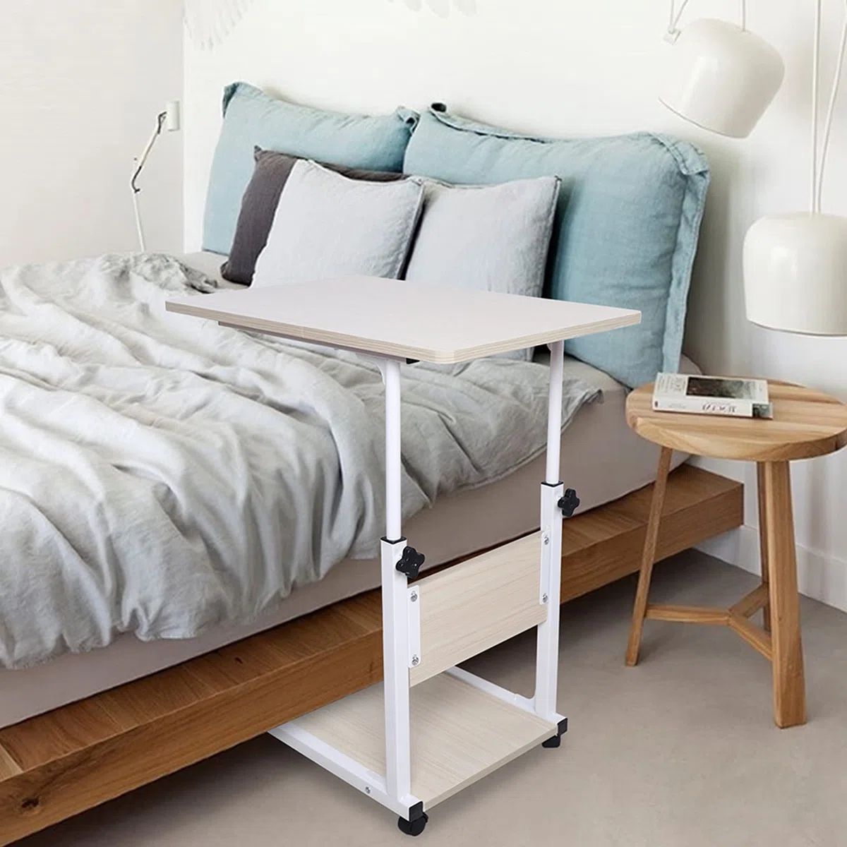 Tavolino regolabile in altezza con ruote, tavolino da letto, tavolo per computer, comodino per soggiorno, camera da letto, acero bianco
