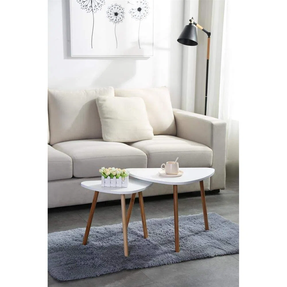 Set 2 Tavolini da Caffe Bianchi in Legno Scandivavi 60x40xH45 E 46x30xH41 Minimalisti Appoggio Piante Vasi Comodino Legno MDF. Tavolini Salotto