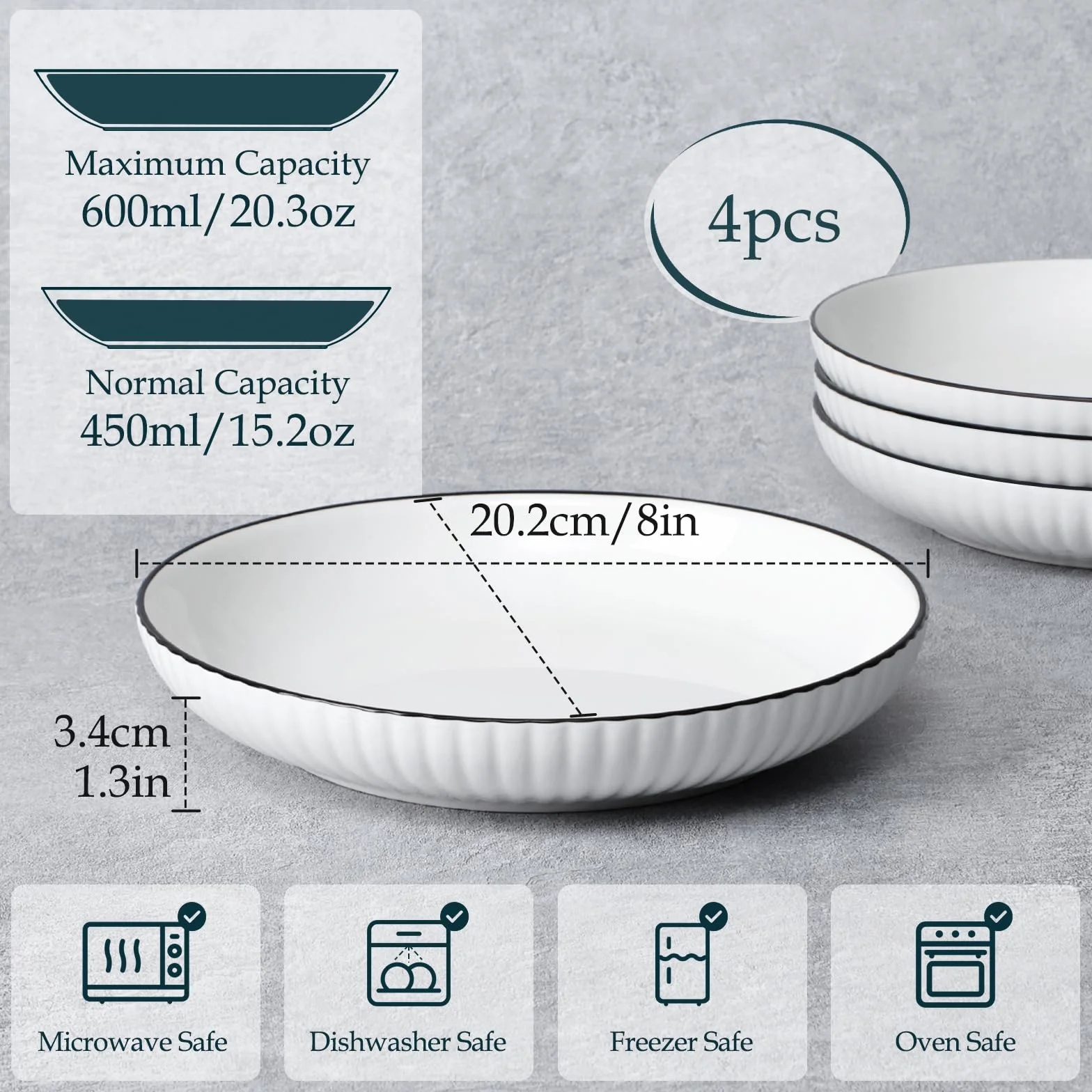 NUTRIUPS Set di 4 Ciotole per Pasta 20cm, 600ML Piatti in Ceramica Bianca - Sicure per Microonde e Lavastoviglie
