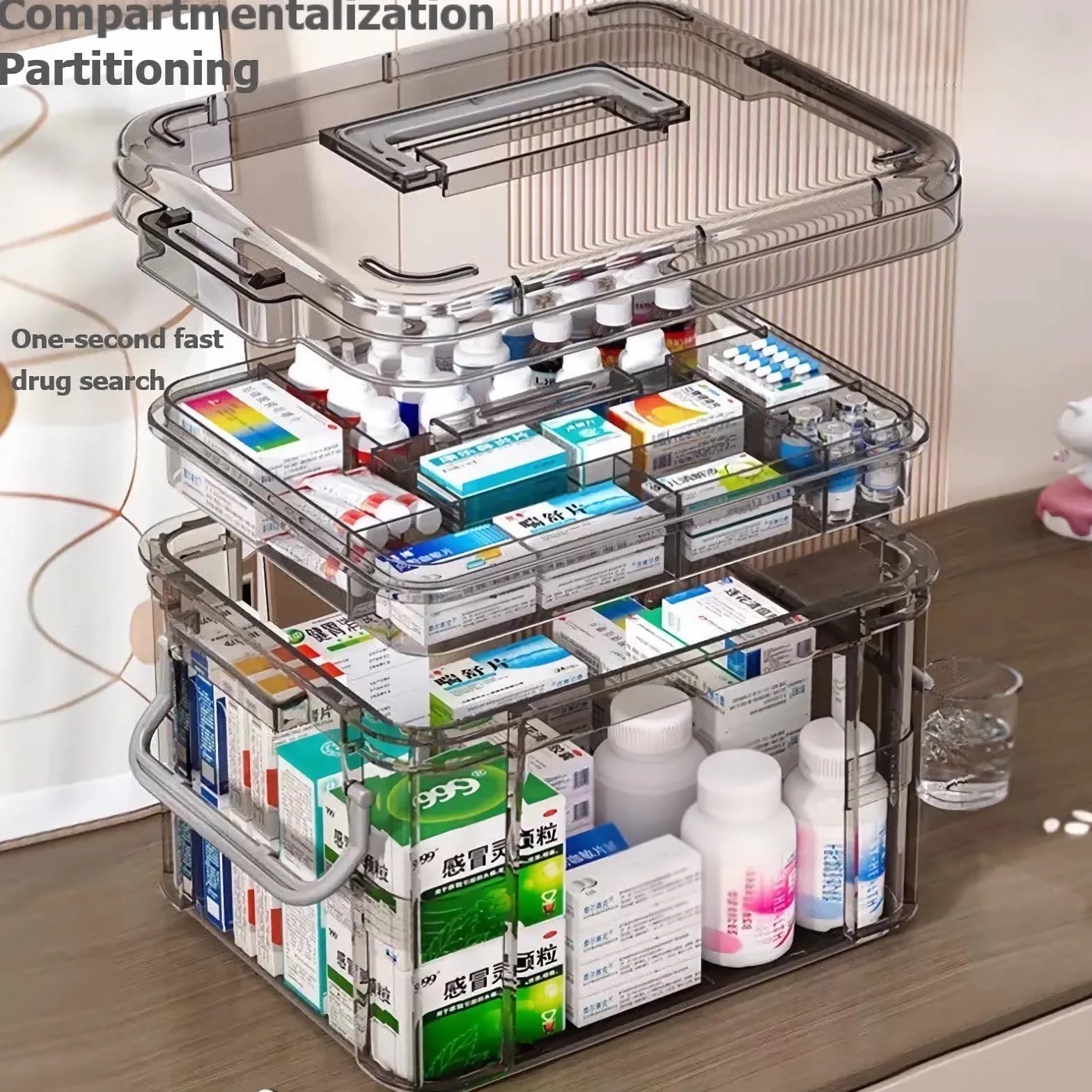 Scatola per medicinali, porta medicin casa a Doppio Strato, medicine box con scomparti e manici, scatola porta medicine per Casa e Viaggi, 31x23x18.5 cm
