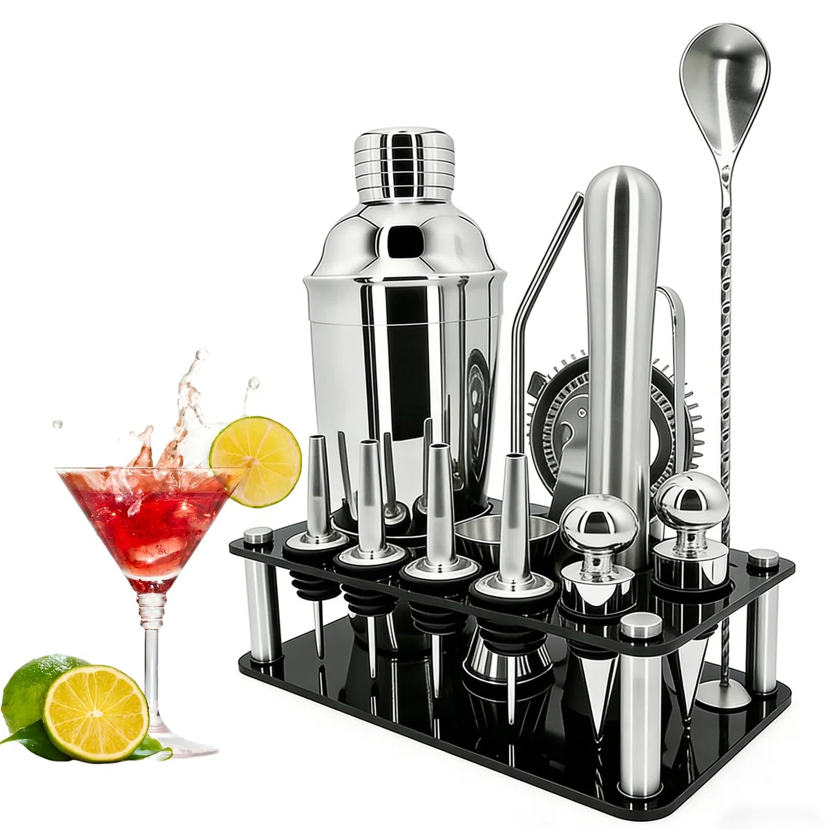 Set shaker per cocktail, kit da barman in acciaio inox con schede di ricette e accessori, ideale per casa, bar e feste (15 pezzi)