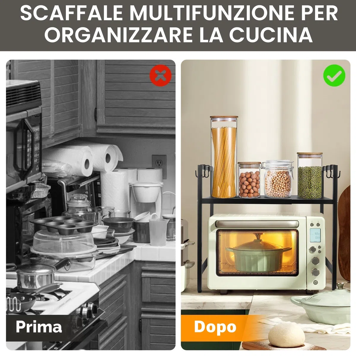 MXTIMWAN Supporto per Microonde Allungabile 2 Livelli, Cucina Counter Ripiano Microonde con 6 Ganci, Mensola Cucina per Mettere Piatti e Ciotole, 40-64cm, Nero