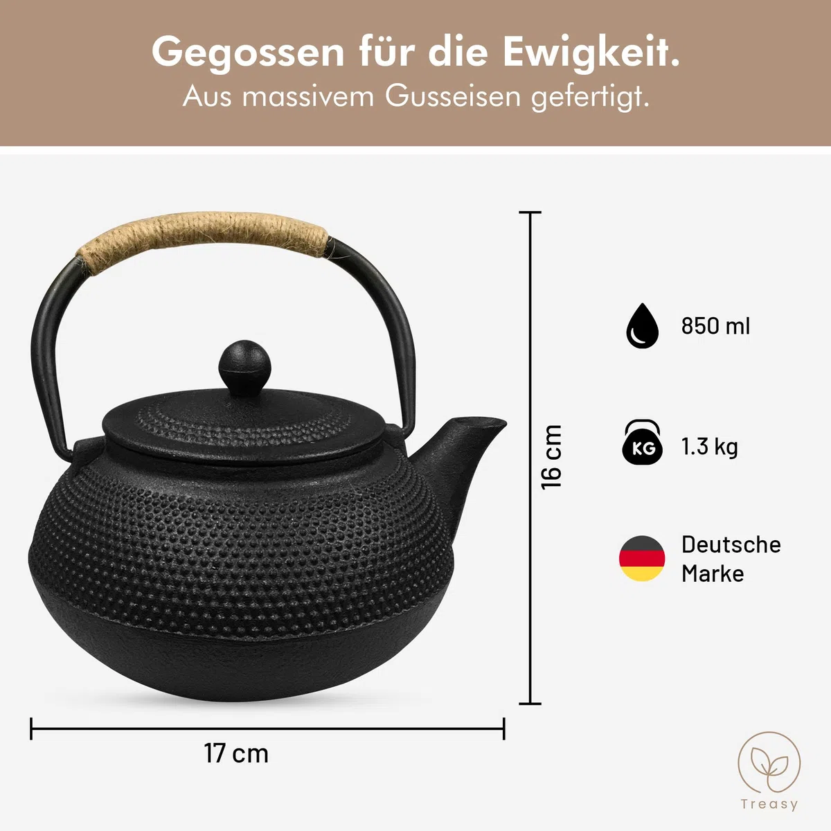 Treasy Teiera in ghisa 850 ml in stile giapponese - Teiera in ghisa con colino da tè in acciaio inox - Teiera in ferro nero per tè sfuso - Design tradizionale giapponese