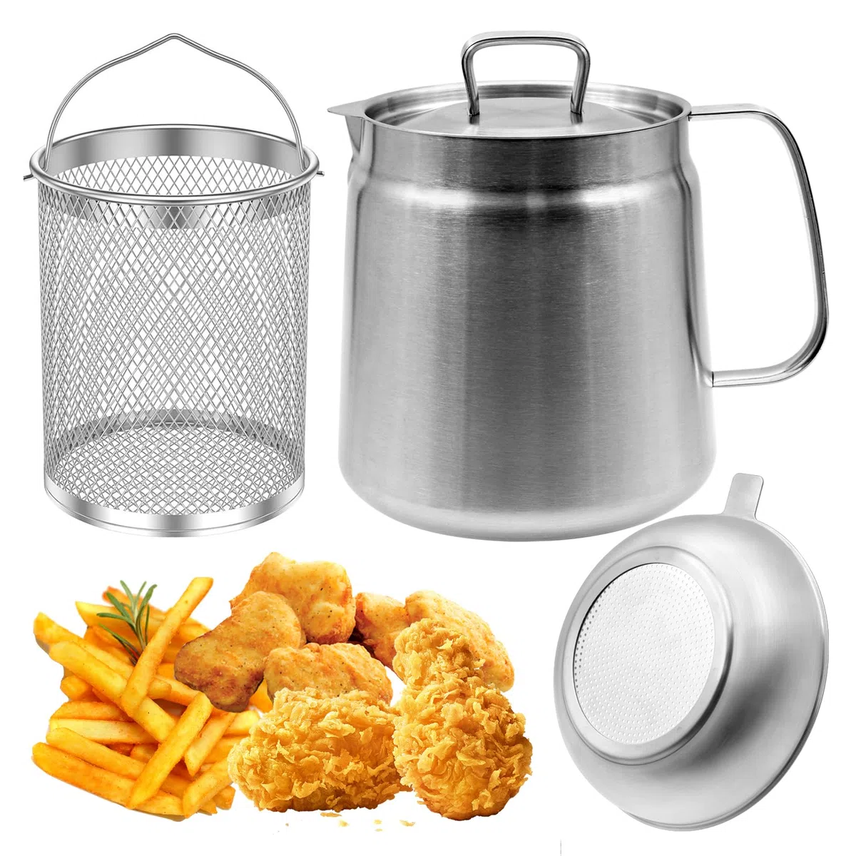 Filtro per friggitrice da 2 l, in acciaio inox 304, con filtro e cestello per friggitrice, contenitore multifunzione per grasso