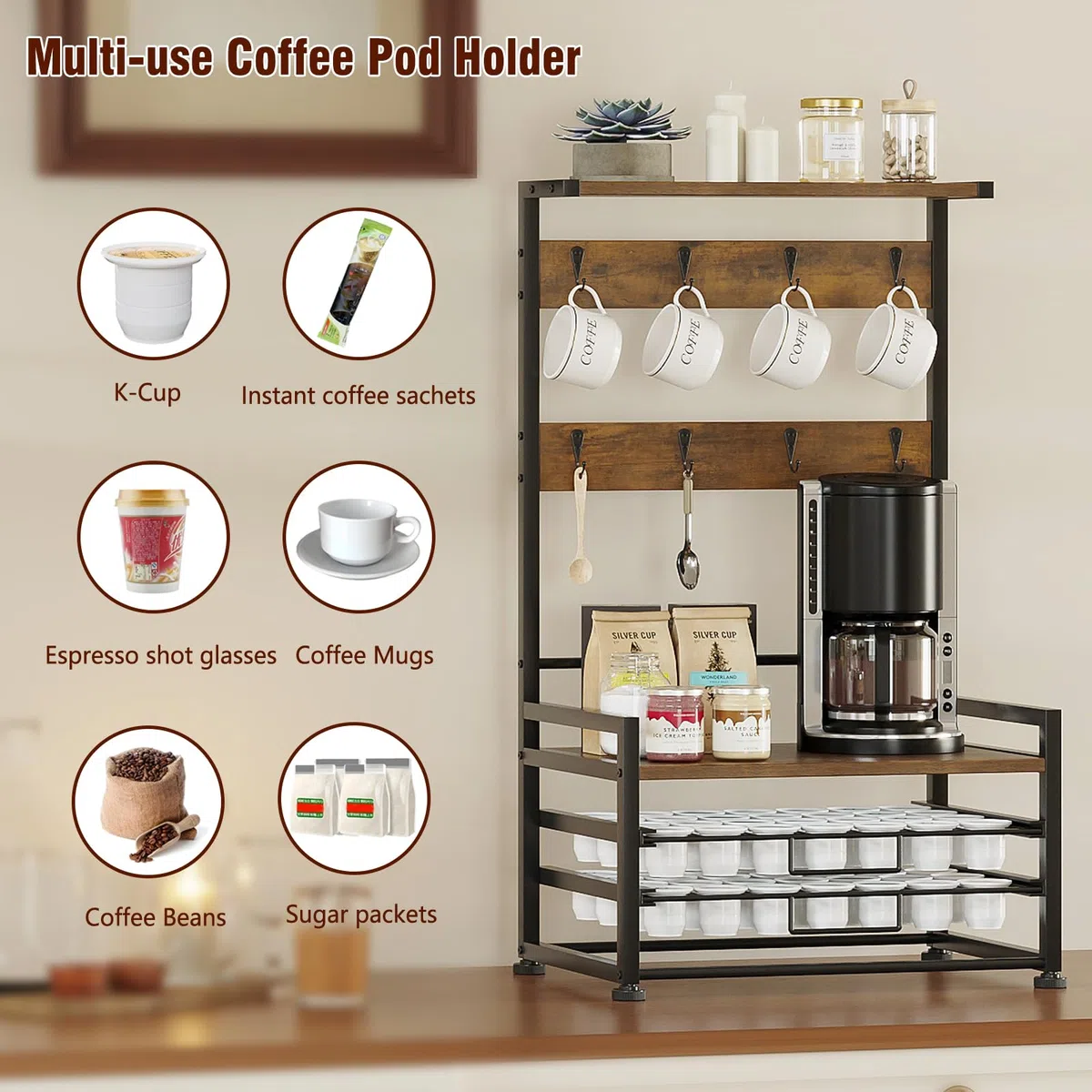 Porta capsule da caffè a 3 ripiani, con cassetto per 56 capsule, 8 ganci per tazze, sciroppi e spezie, scaffale per cucina, caffetteria, ufficio, piano di lavoro, marrone