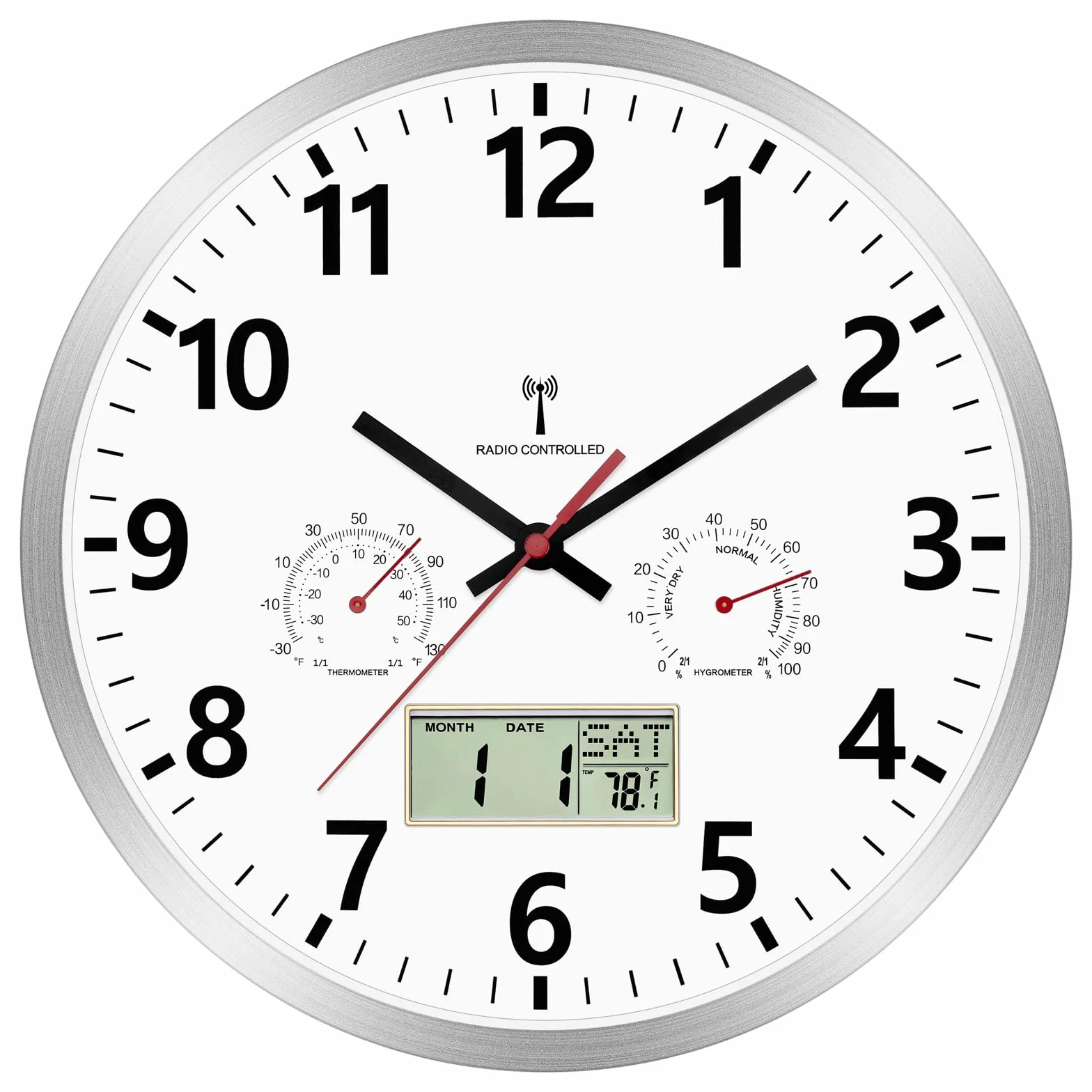 Foxtop Orologio da Parete Radiocontrollato Digitale/Analogico 30 cm con Igrometro, Termometro e Display LCD Multilingue, Silenzioso per Interni