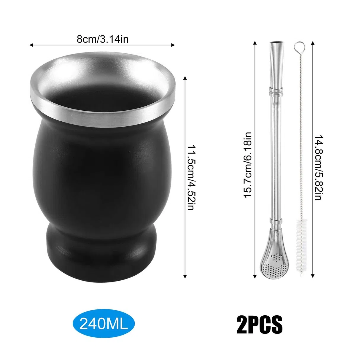 Set di 2 tazze da tè Mate con cucchiaio e spazzola per la pulizia, in acciaio inox, set di tazze da tè Yerba Mate Safe and Durable per cucina, caffetteria, ristorante (nero)