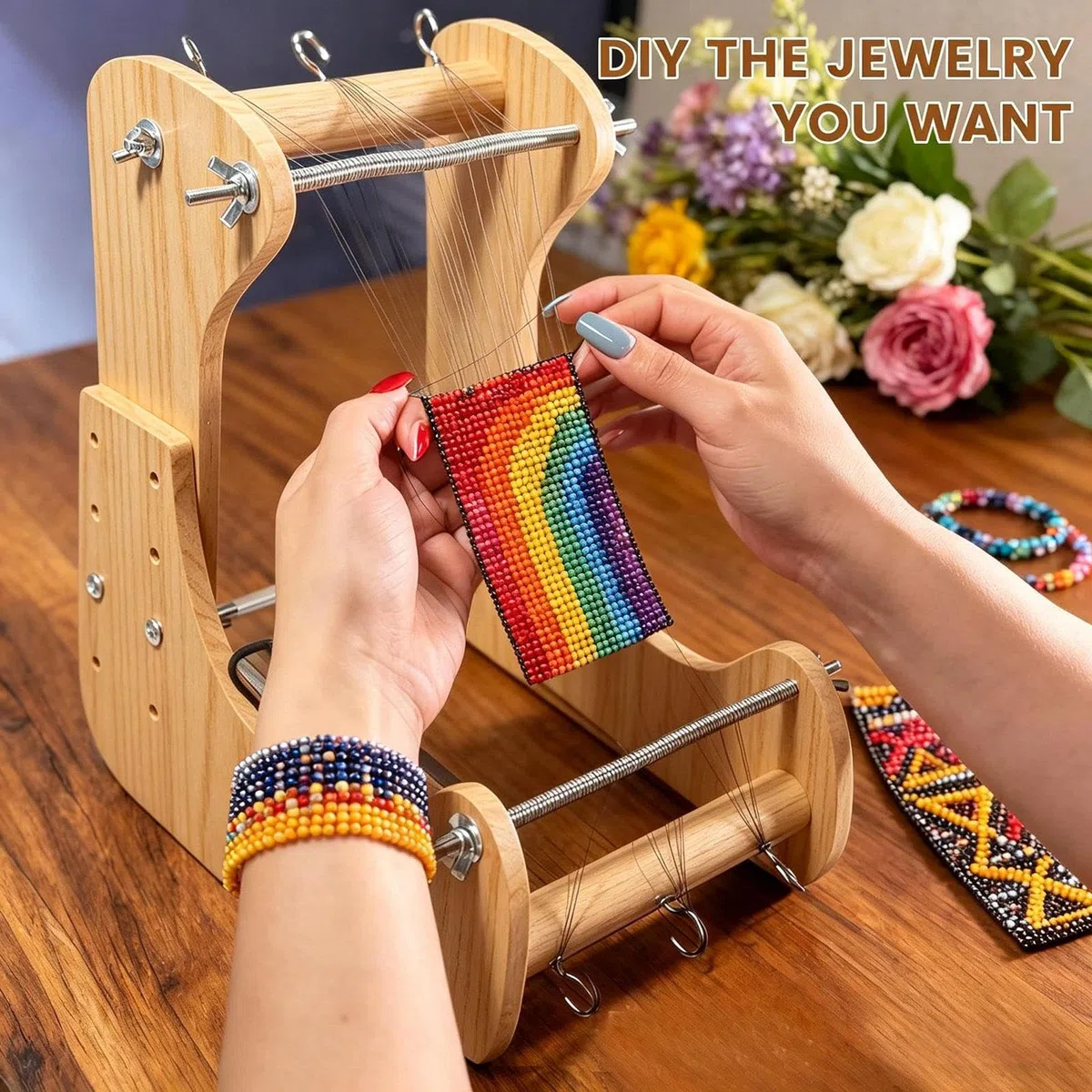 Telaio per Perline Regolabile, Telaio per Braccialetti in Legno, Fabbricante di Braccialetti Ideale per Principianti, per La Creazione di Braccialetti e Gioiellil