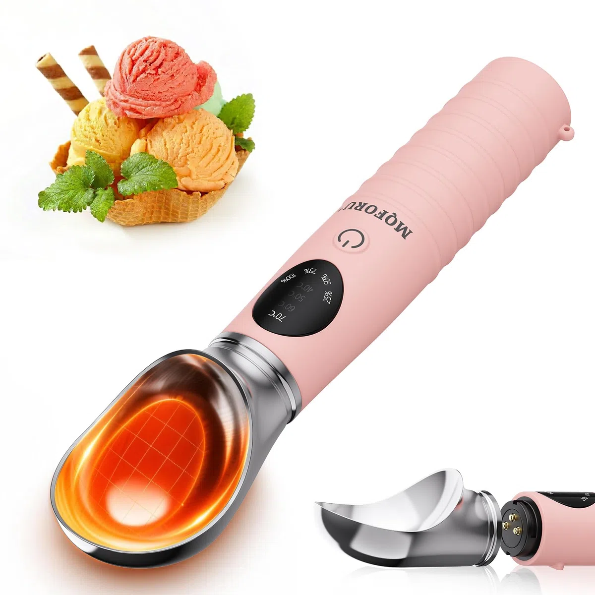 MQFORU Paletta per gelato riscaldata, paletta per gelato elettrica ricaricabile con display LED, calore portatile a 4 livelli 40-70° C, 2500 mAh per gelato duro, adatta per lavastoviglie (Rosa)