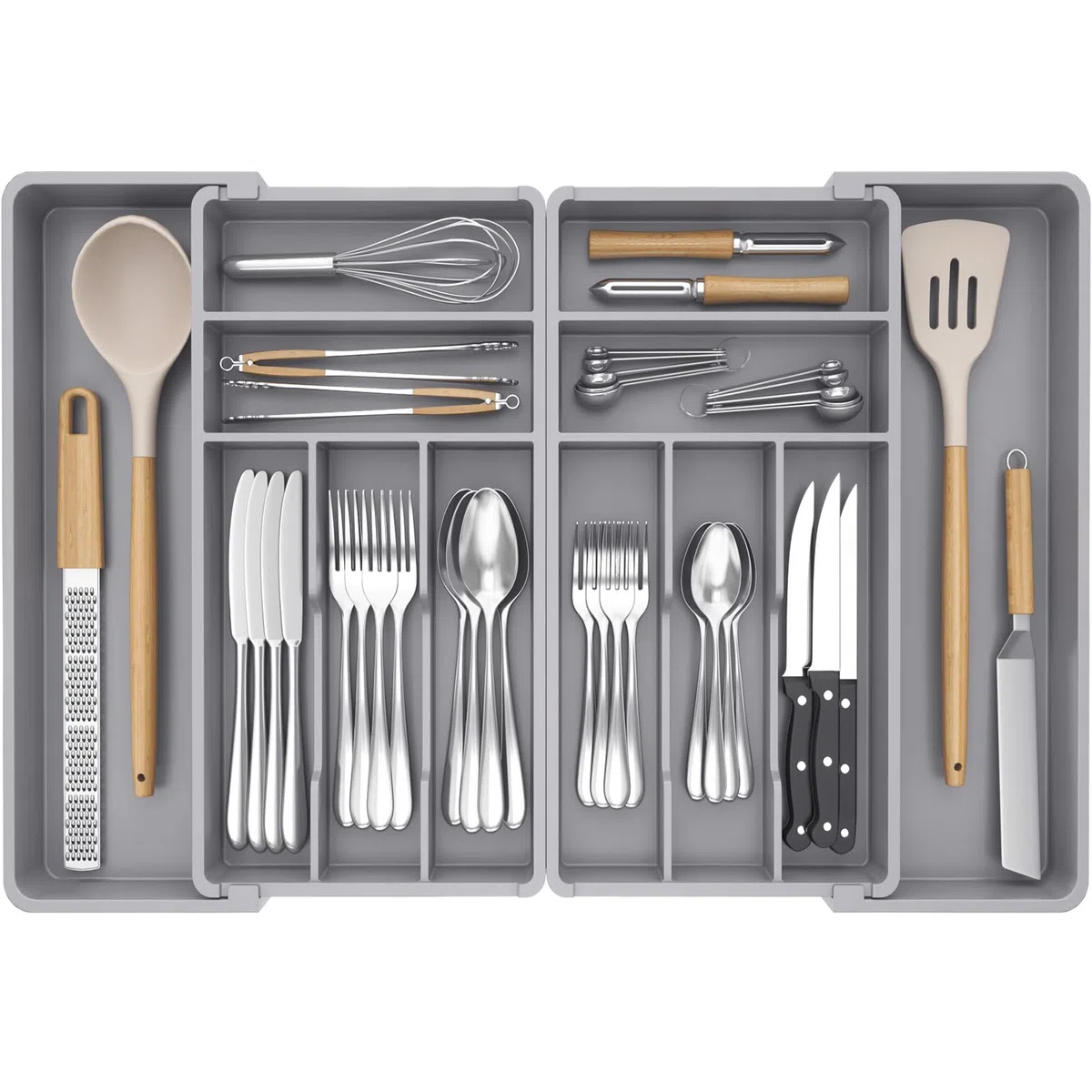 Lifewit Portaposate Grande Cassetto, Larghezza 46 a 70 cm, Porta Utensili Regolabile da Cucina, Profondità 42,4 cm, Organizer Mestoli Rimovibile, Accessori in Plastica per Forchette/Coltelli, Grigio