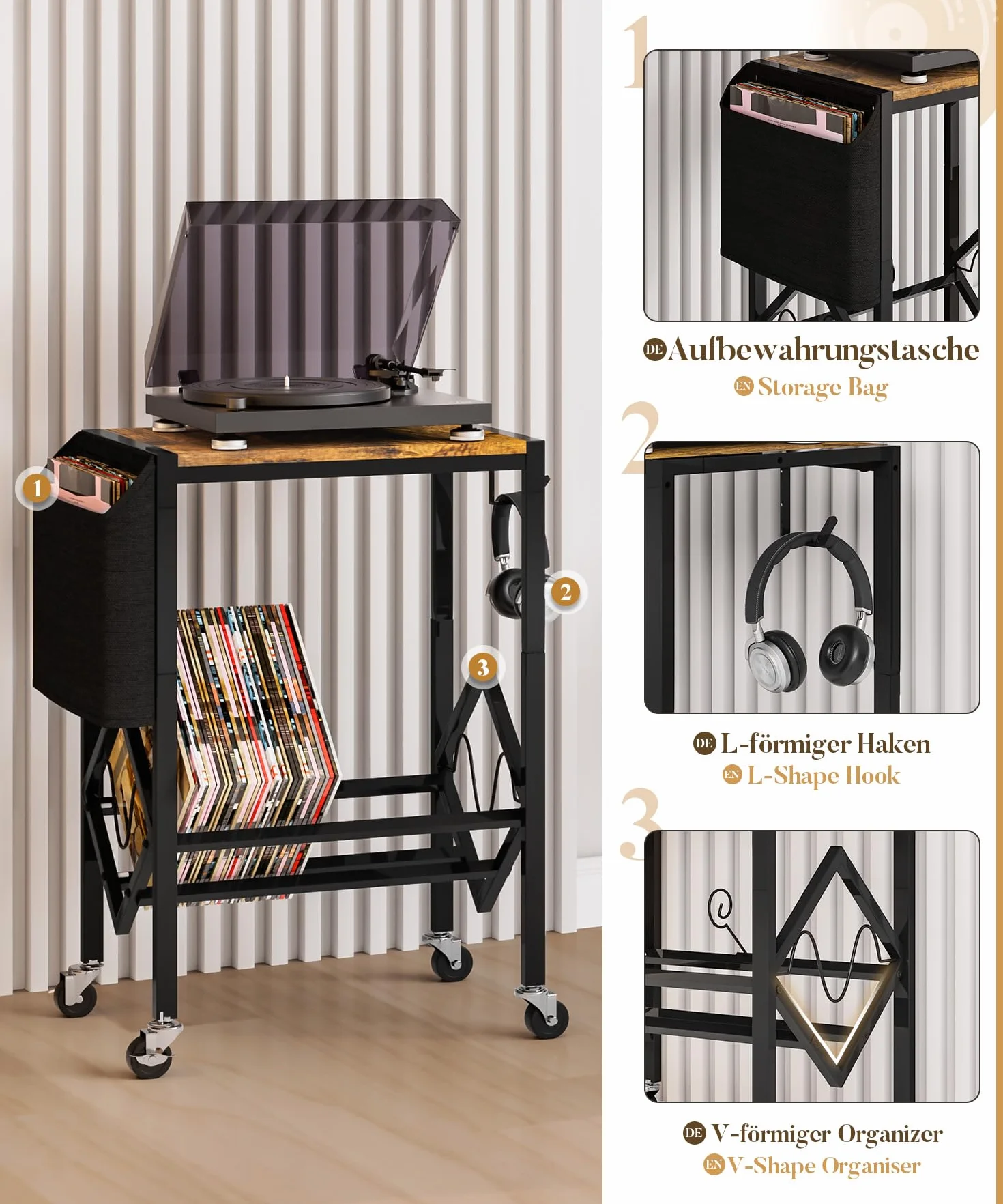 Yorbay - Supporto per dischi in vinile, con sacchetto organizzatore in tessuto e ganci, scaffale per giradischi in metallo fino a 200 album per soggiorno, camera da letto (Nero)