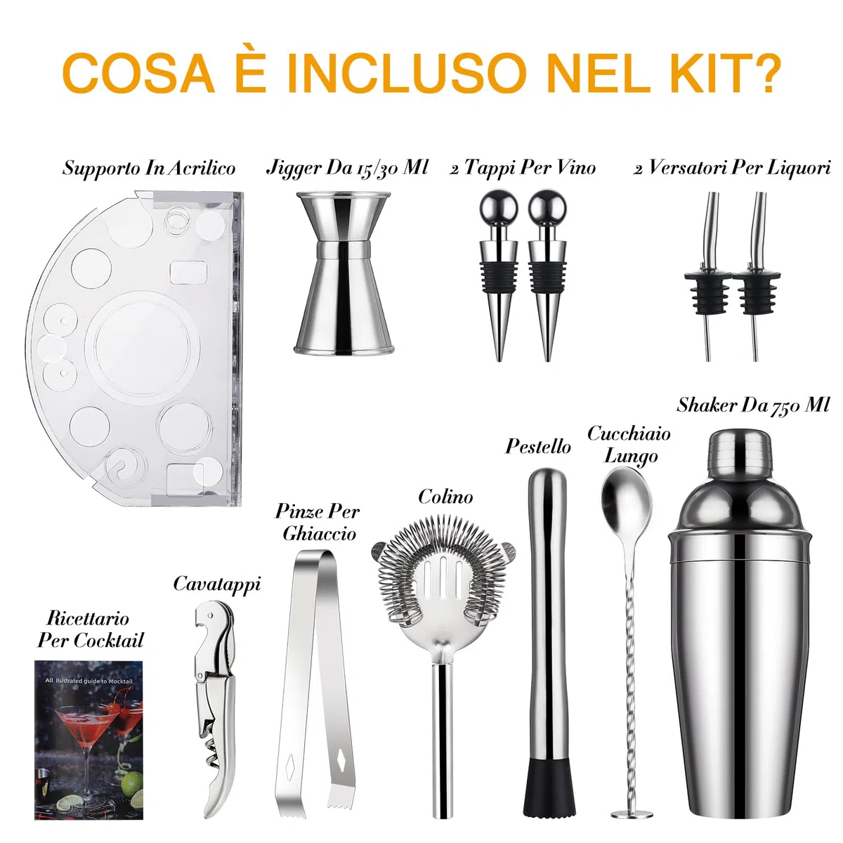 Set Shaker Cocktail con Supporto, Kit Cocktail in Acciaio INOX con 12 pezzi di accessori da bar, 750ML Dosatore Cocktail Set per Home Bar Party Wedding, Kit Barman Regali per Papà uomini (Argento)