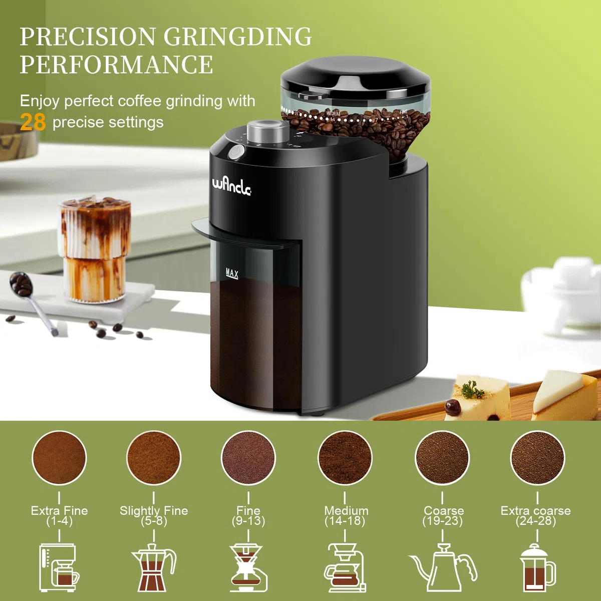 Macinacaffè, Macinacaffè Elettrico Wancle, Macinino Regolabile per Chicchi di Caffè, con 28 Impostazioni di Macinatura Precise per 12 Tazze (Plastica, Nero+Grigio)