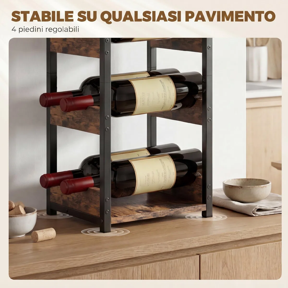 HOMCOM Portabottiglie Vino per 6 Bottiglie con Scaffali Ondulati, Porta Bottiglie di Vino Design Industriale, Piedini Regolabili per Cucina Soggiorno, Marrone Rustico