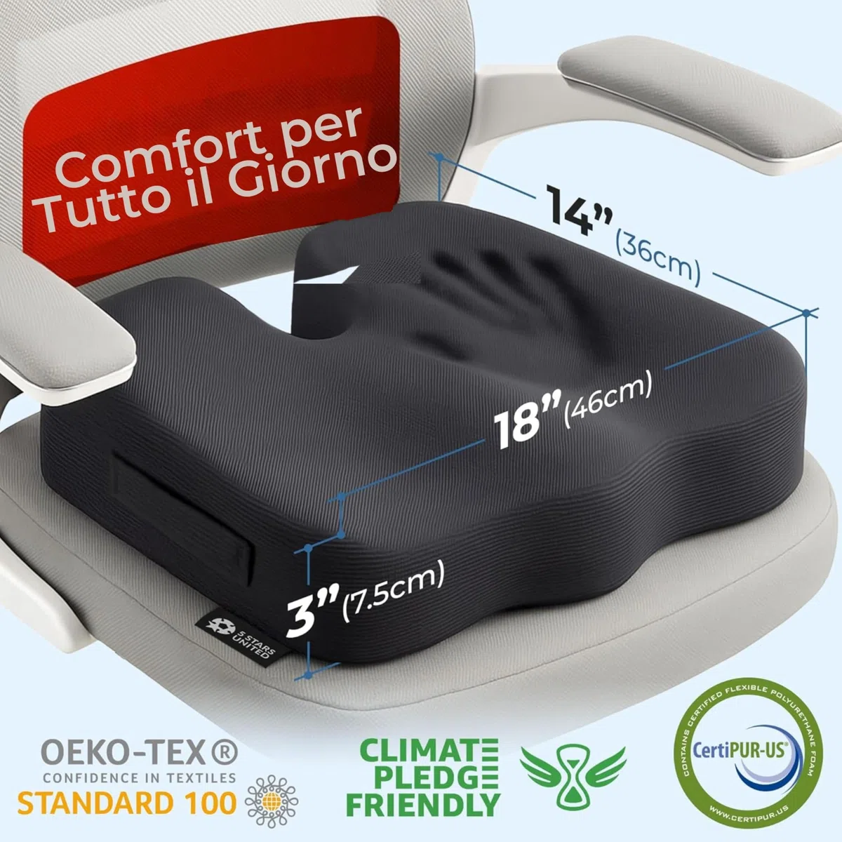 5 STARS UNITED Cuscino memory foam ergonomico per coccige e sedia ufficio, sollievo sciatica e mal di schiena, antiscivolo, fodera lavabile - Nero