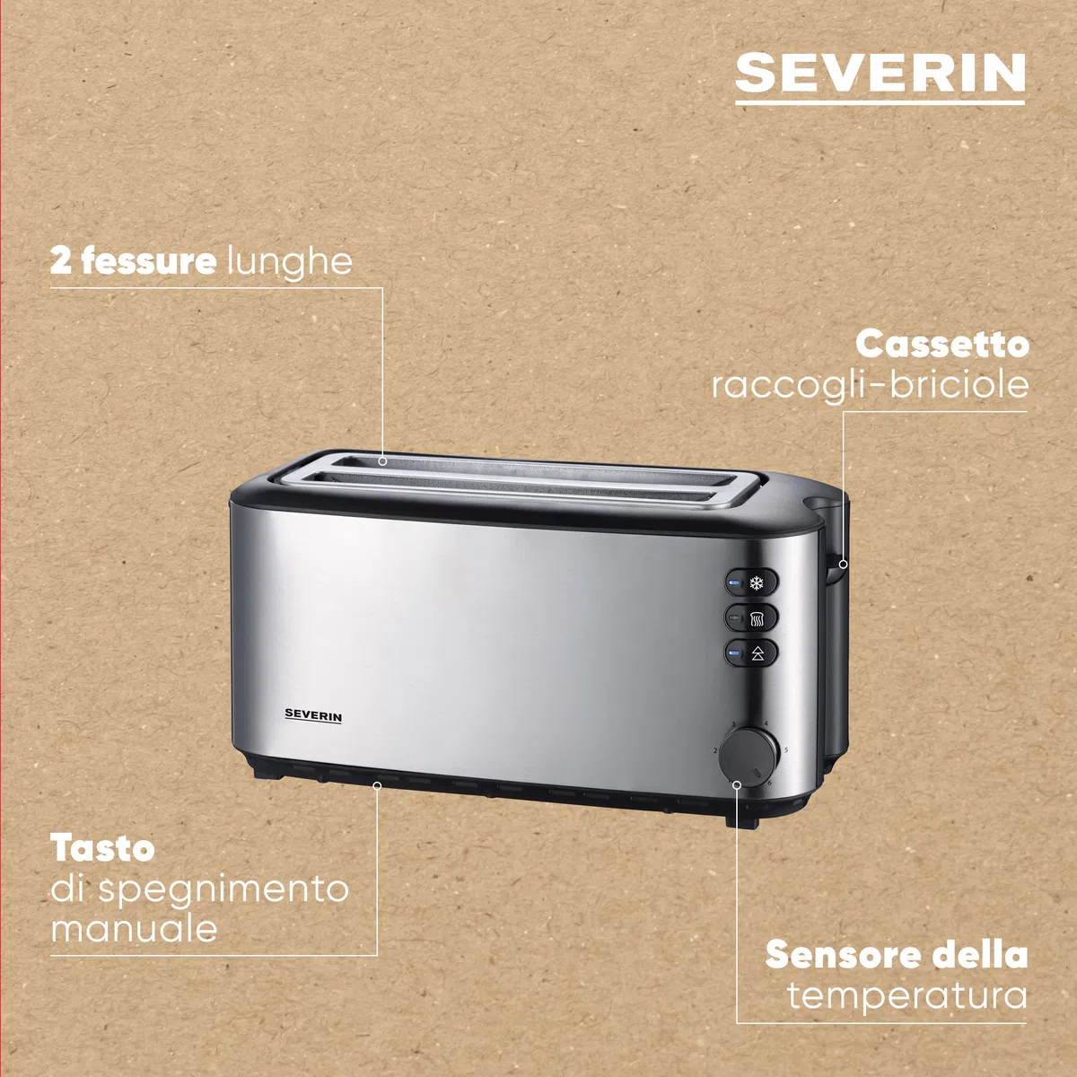 SEVERIN Tostapane 4 Fette Fessure Lunghe, 1400W, Acciaio Inox, Griglia Scaldapanini, Funzione Scongelamento, con Vassoio Raccoglibriciole, 39,7 x 15,7 x 18,5 cm, Nero/Argento - AT 2509