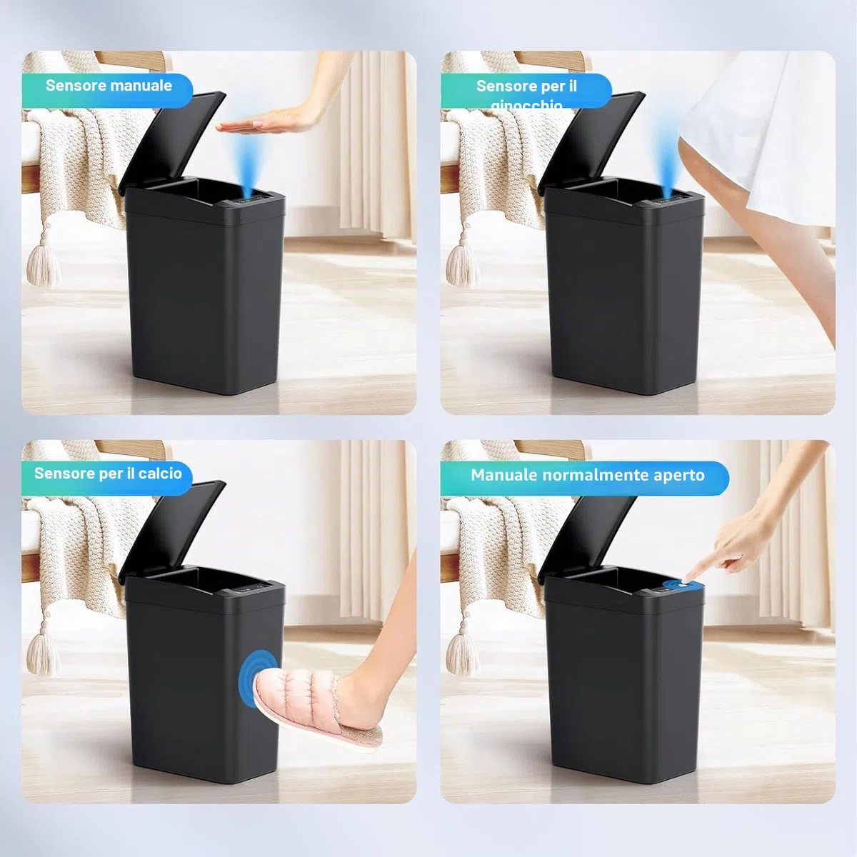Cestino con Sensore di Movimento, 12L Bidone Automatico per Bagno, Slim in Plastica con Coperchio, Cestino Intelligente Nero Impermeabile per Camera da Letto Bagno Toilette Cucina Ufficio