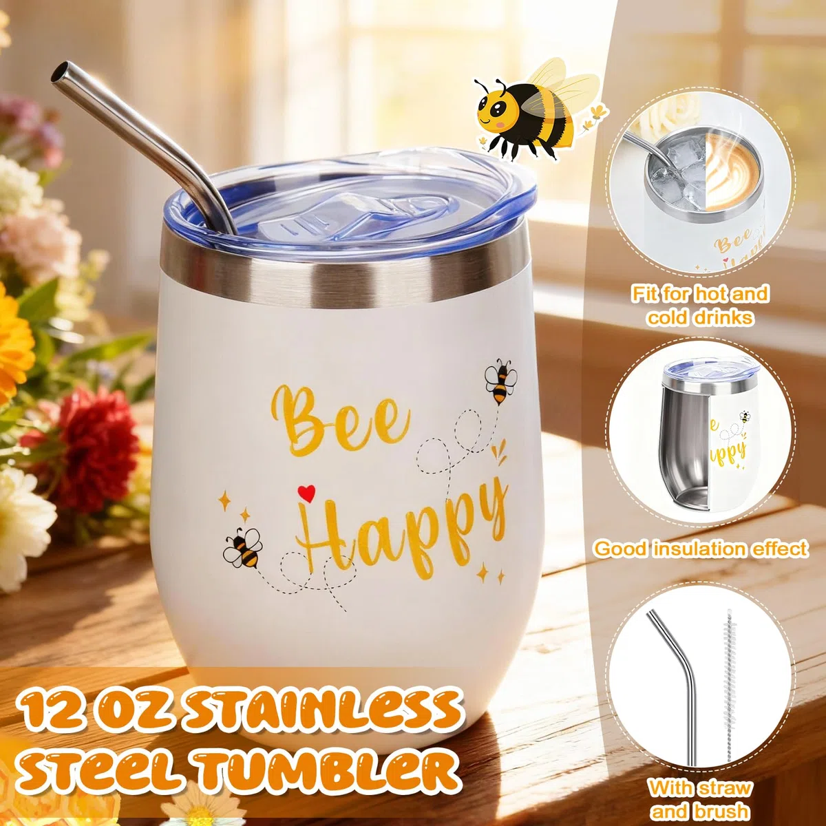 SelfTek Regali con ape per donne - Set regalo ape miele include bicchiere in acciaio inossidabile da 355 ml, ape all'uncinetto, borsa cosmetica, portachiavi, segnalibro, adesivi per regalo di