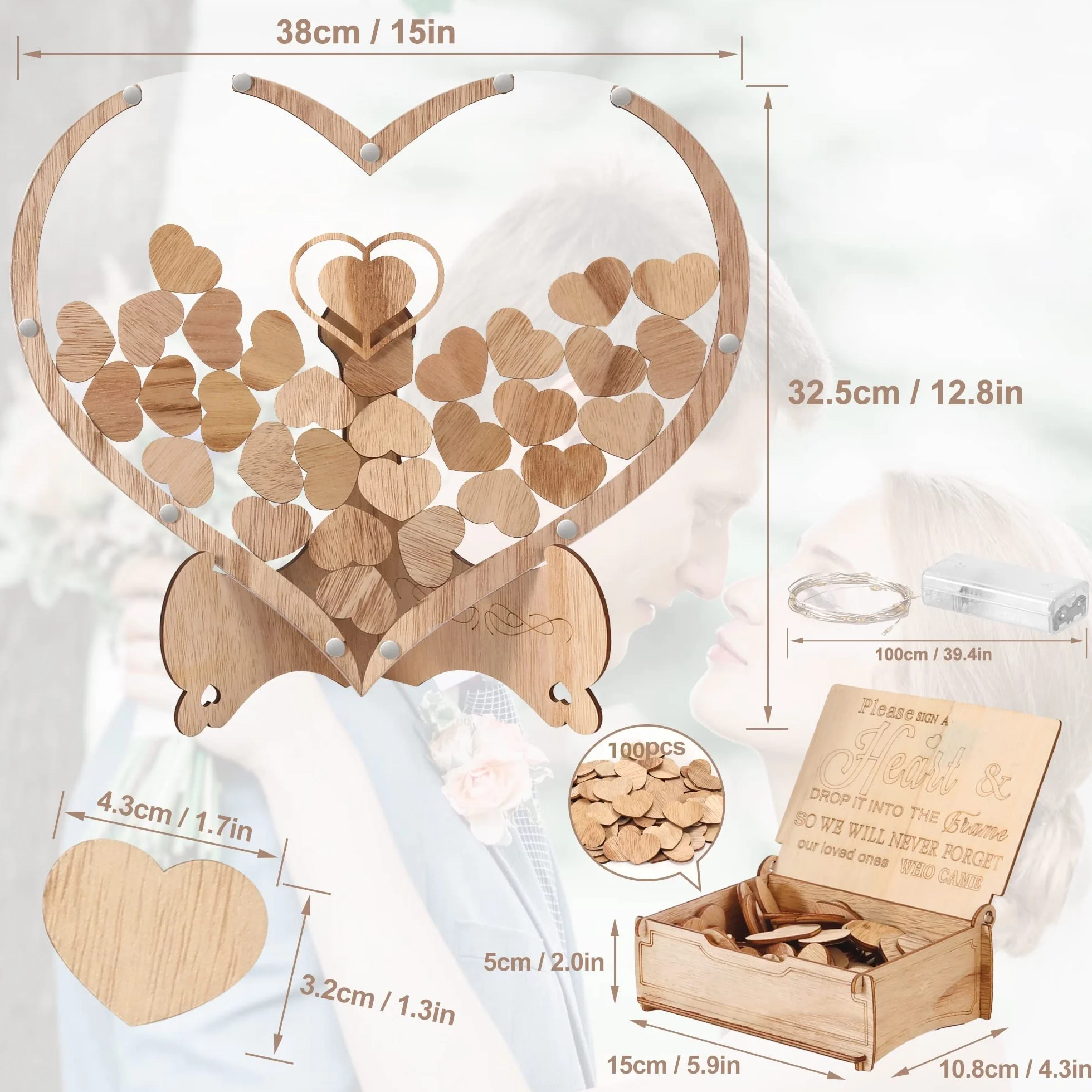 Arespark Libro degli Ospiti di Nozze, Set di Decorazioni per Matrimoni a Cuore in Legno, 100 Cuori in Legno, Scatola Portaoggetti, 2 Pennarelli, 2 Barre Luminose, Regalo, Decorazione